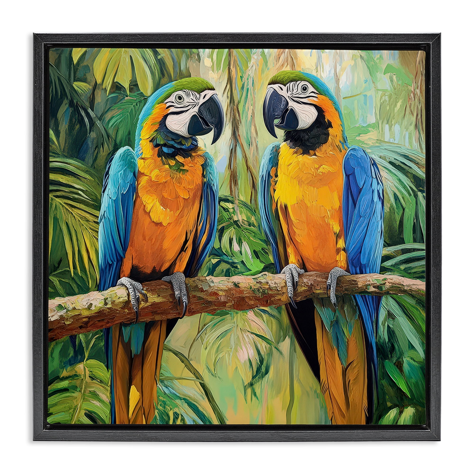 Stupell Industries Two Macaws Among Foliage Black Framed Floater Canvas Wall Art, design by Petal Prints Design