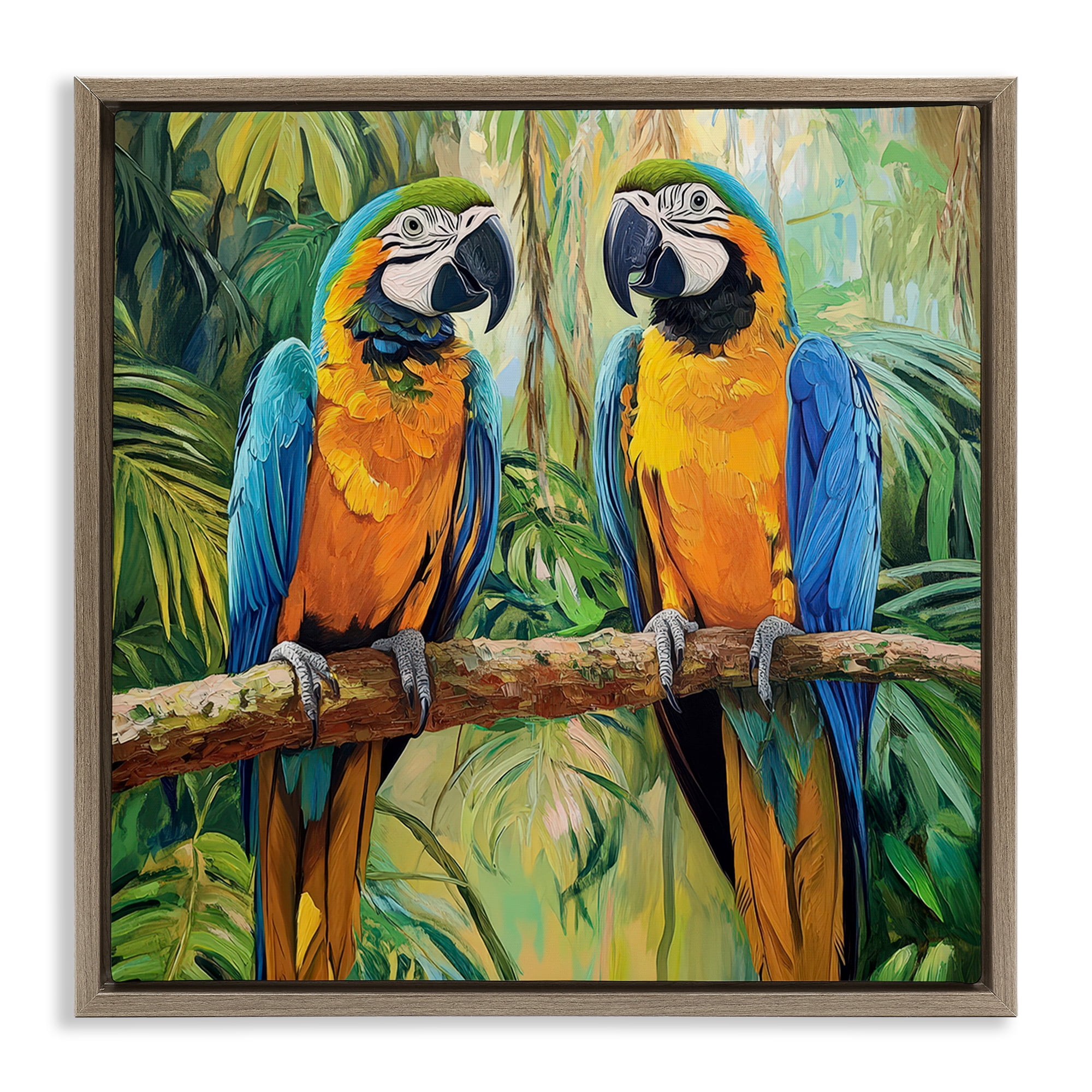 Stupell Industries Two Macaws Among Foliage Brown Framed Floater Canvas Wall Art, design by Petal Prints Design