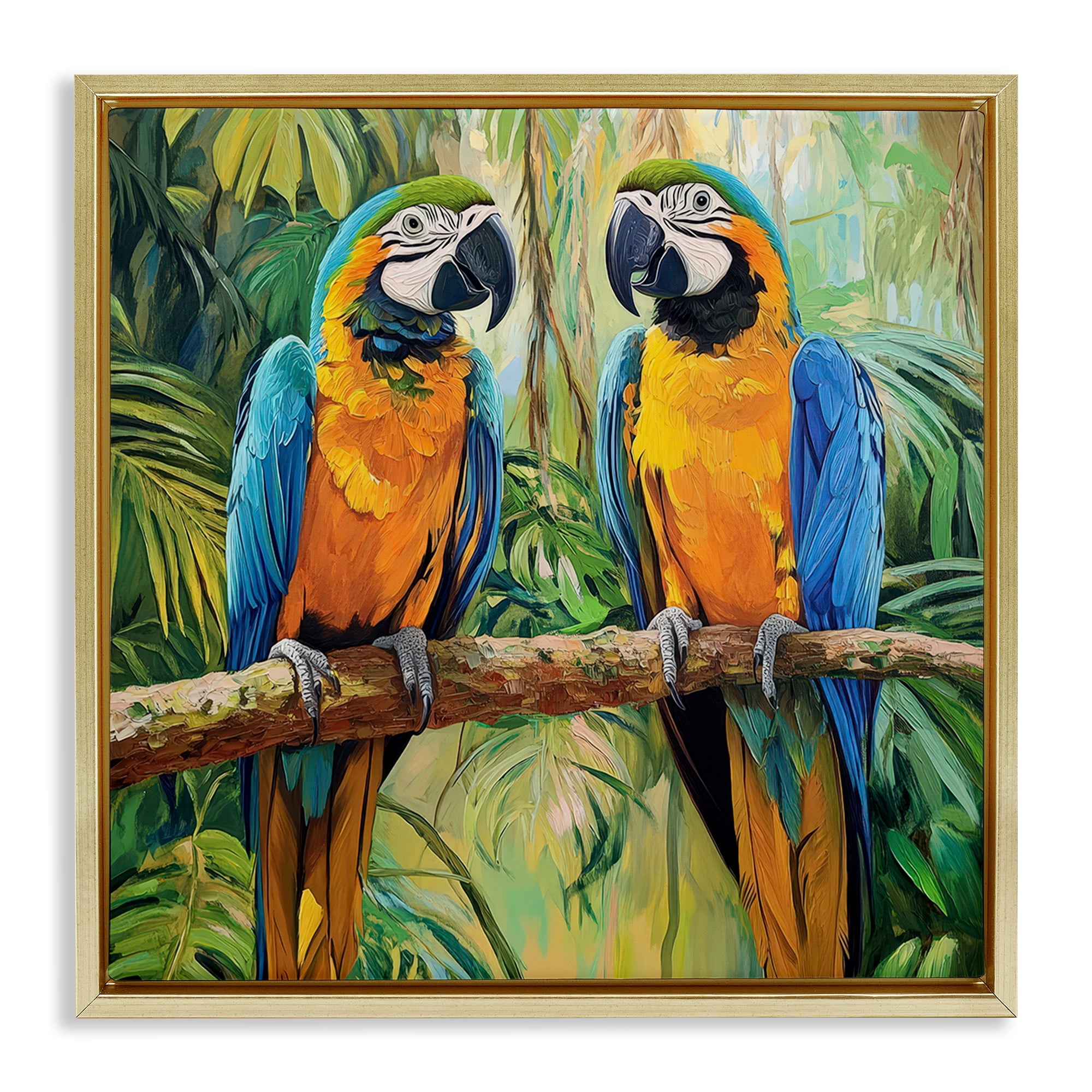Stupell Industries Two Macaws Among Foliage Gold Framed Floater Canvas Wall Art, design by Petal Prints Design