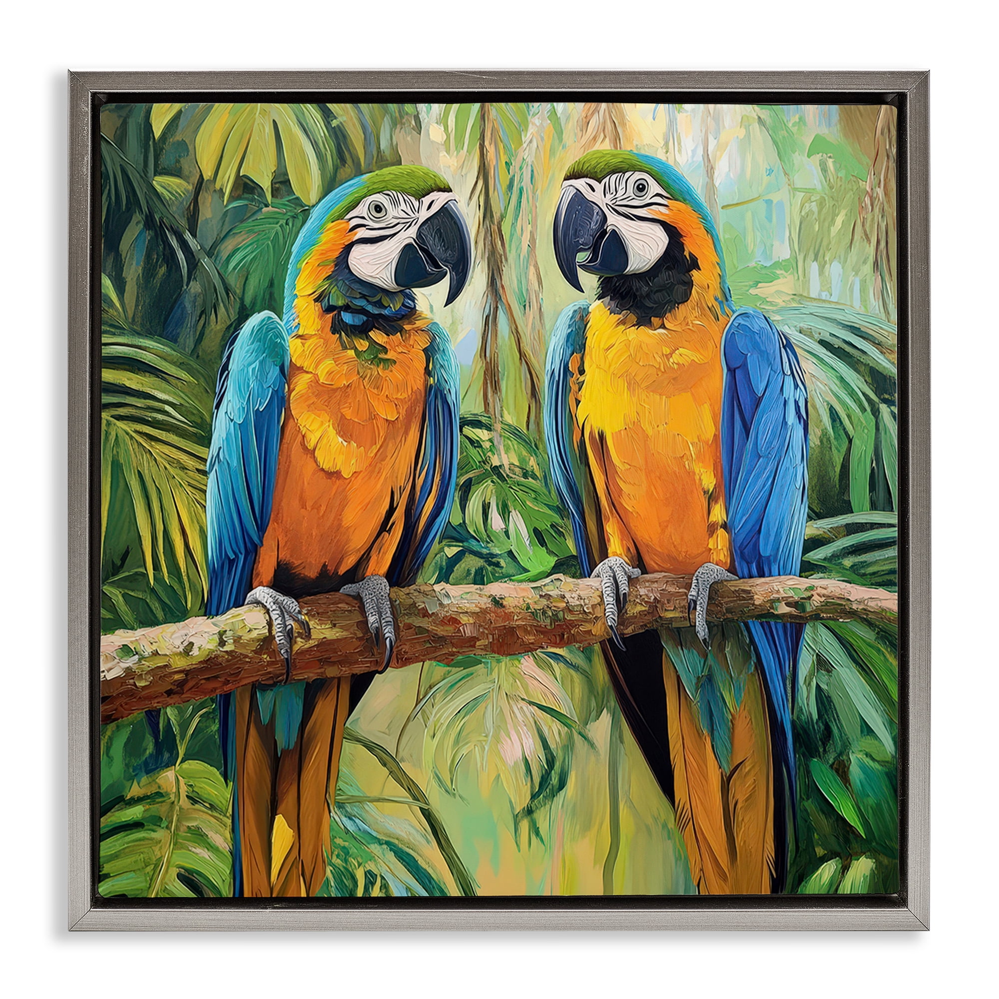 Stupell Industries Two Macaws Among Foliage Gray Framed Floater Canvas Wall Art, design by Petal Prints Design