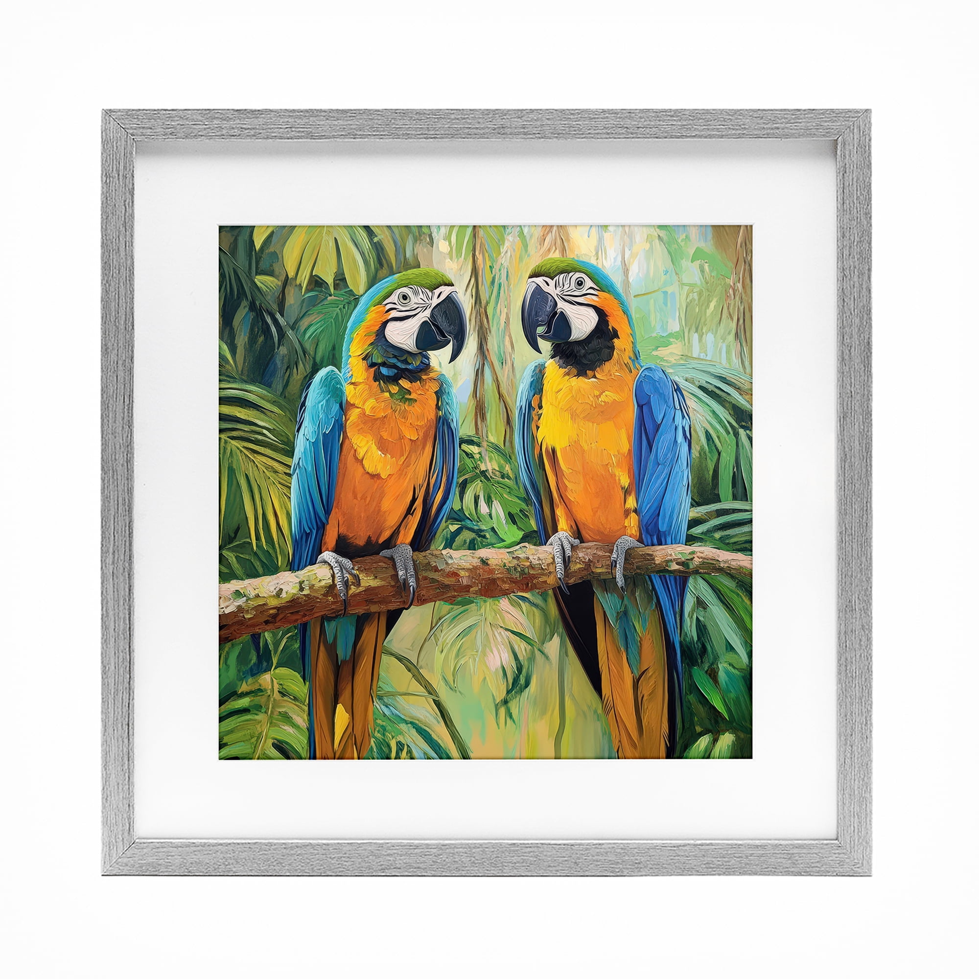 Stupell Industries Two Macaws Among Foliage Gray Framed Print Under Glass, design by Petal Prints Design