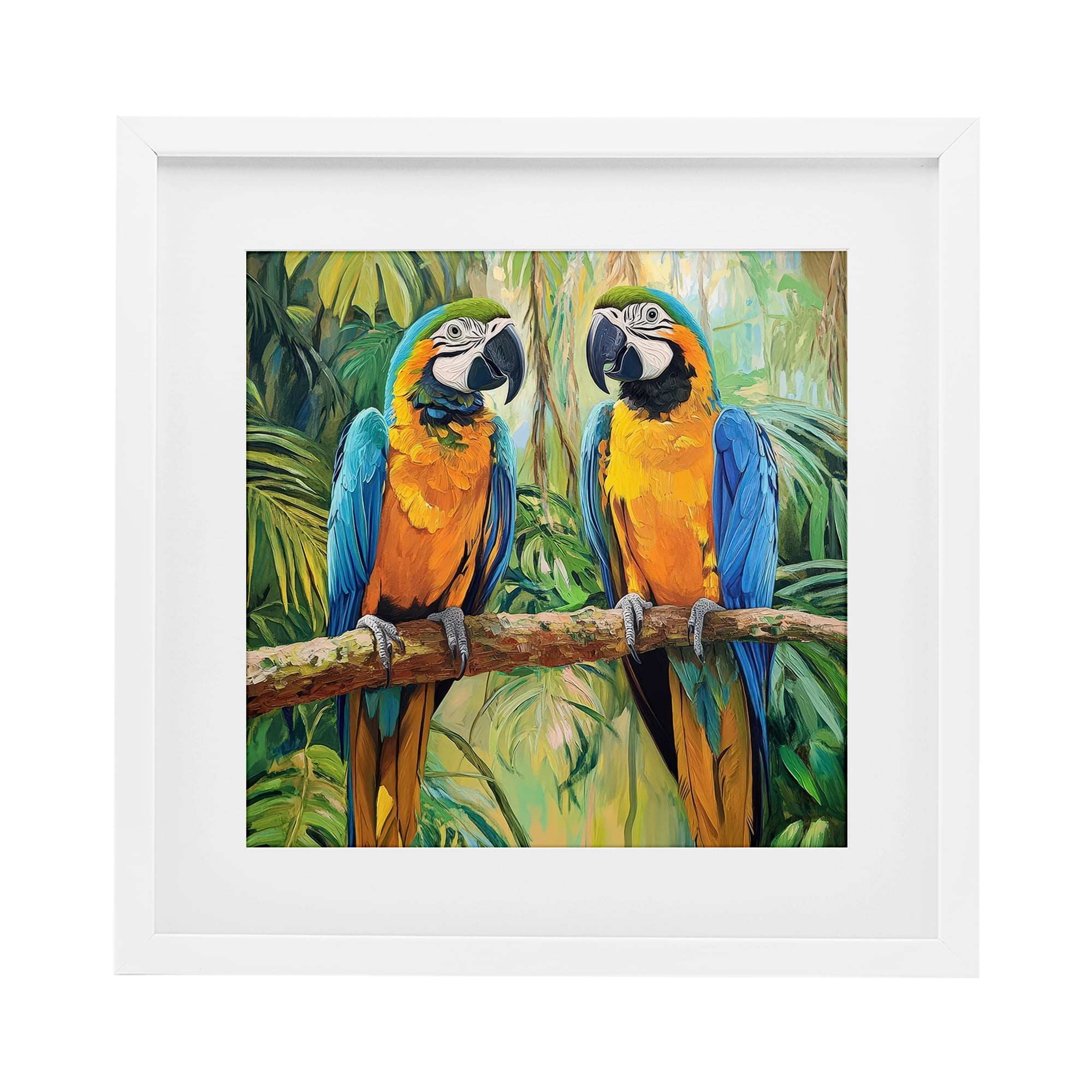 Stupell Industries Two Macaws Among Foliage White Framed Print Under Glass, design by Petal Prints Design