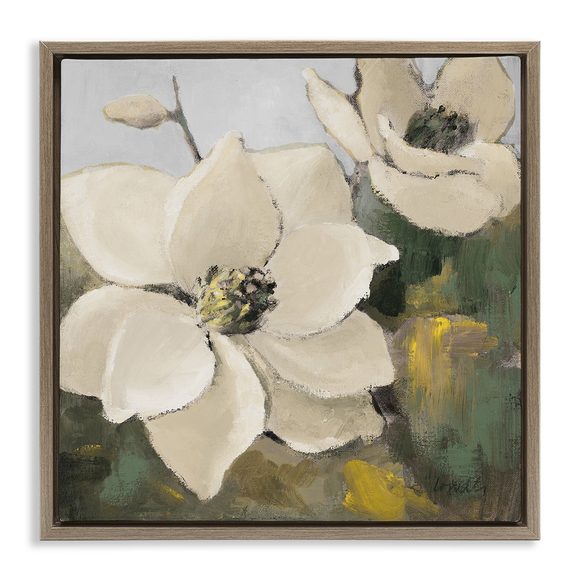 Stupell Industries Two Magnolia Blossoms Botanical & Floral Painting Brown Floater Framed Canvas Art Print Wall Art, 25 x 25