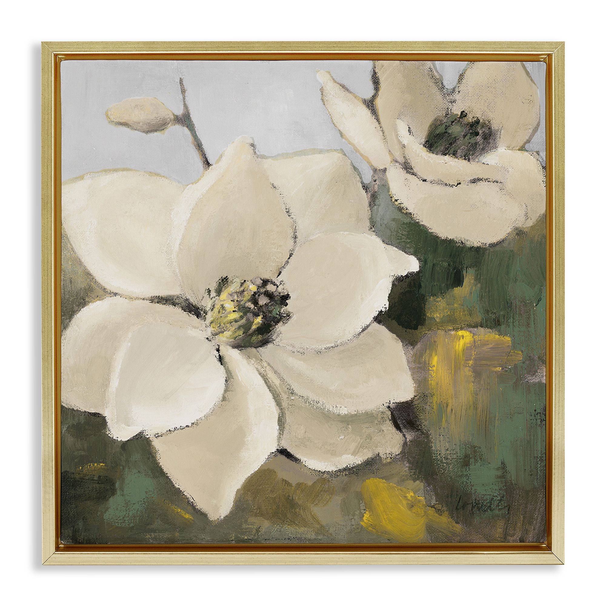 Stupell Industries Two Magnolia Blossoms Botanical & Floral Painting Gold Floater Framed Canvas Art Print Wall Art, 18 x 18