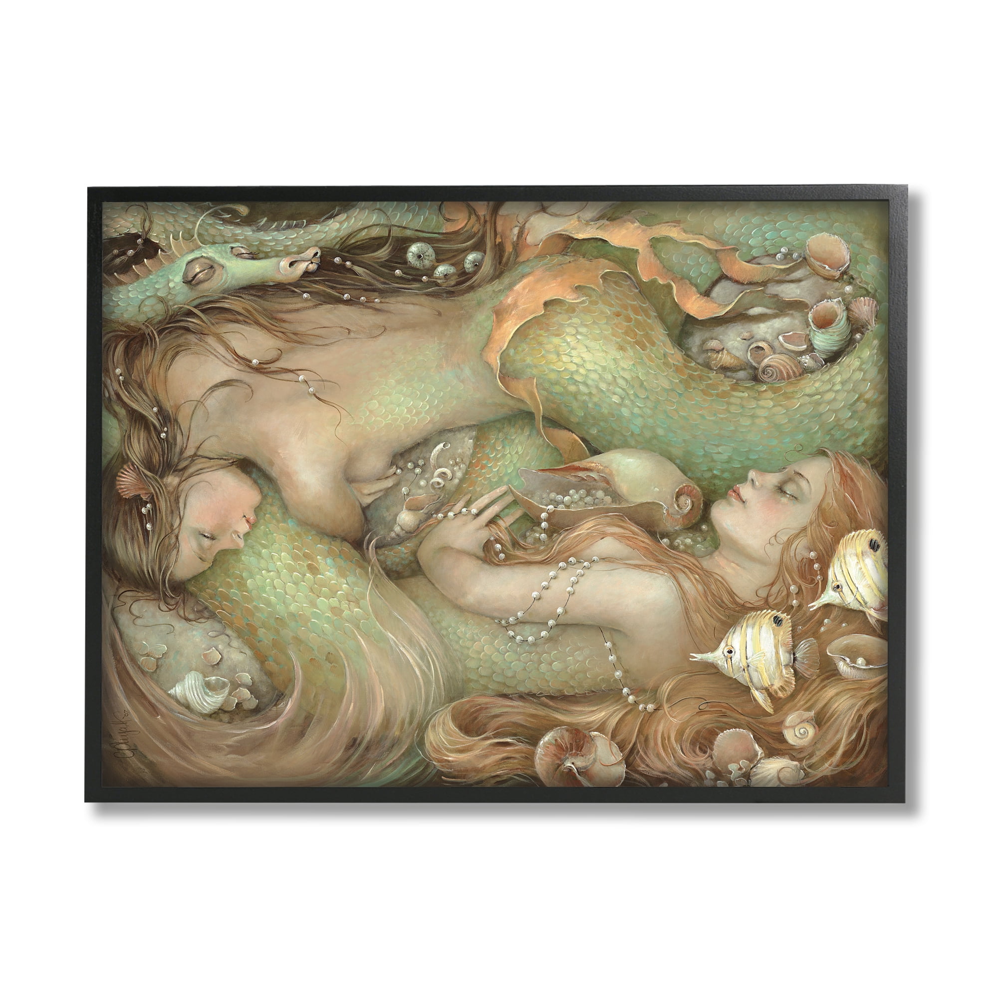 Stupell Industries Two Mermaids Underwater Fairy Tales & Fantasy Painting Black Framed Art Print Wall Art, 14 x 11