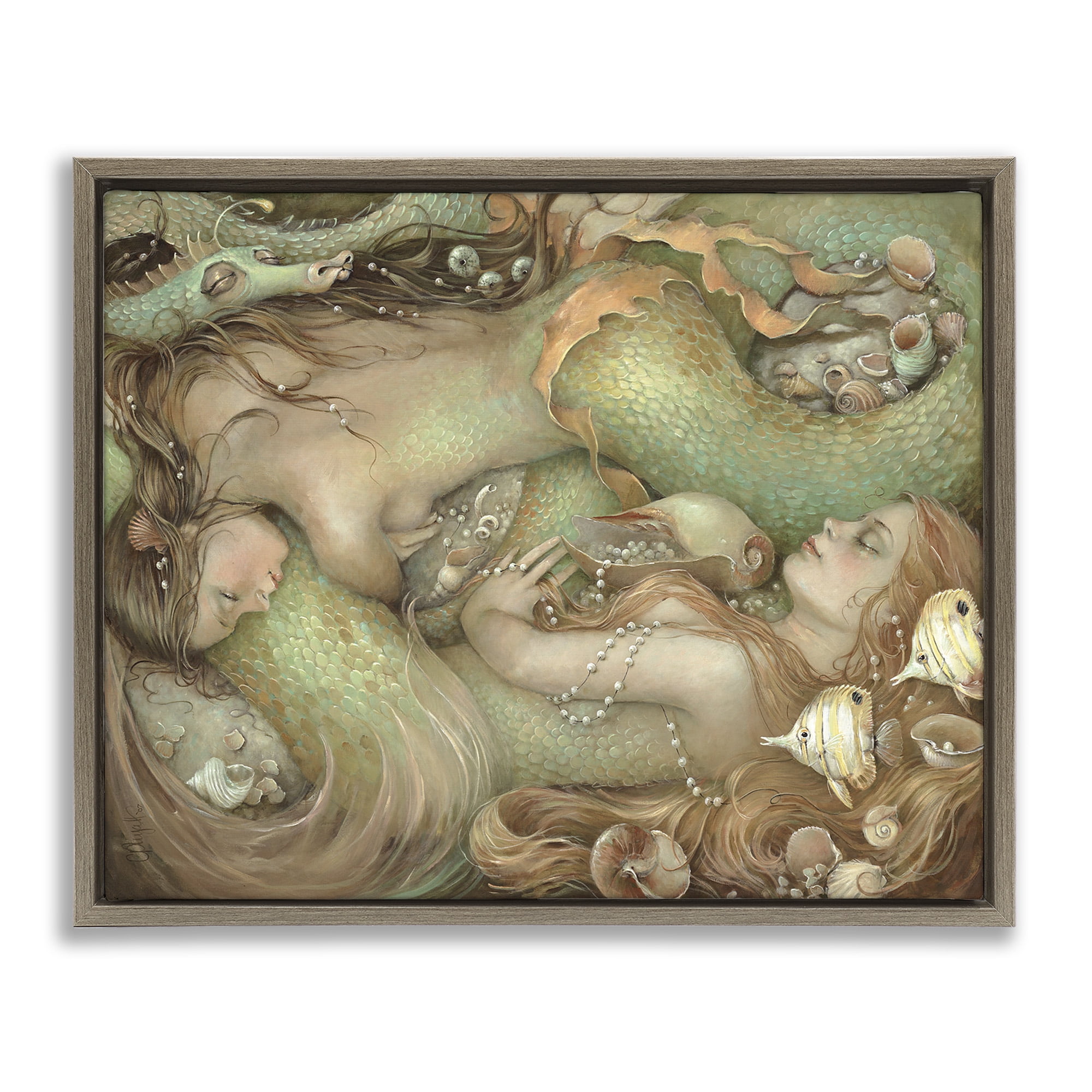 Stupell Industries Two Mermaids Underwater Fairy Tales & Fantasy Painting Brown Floater Framed Canvas Art Print Wall Art, 31 x 25
