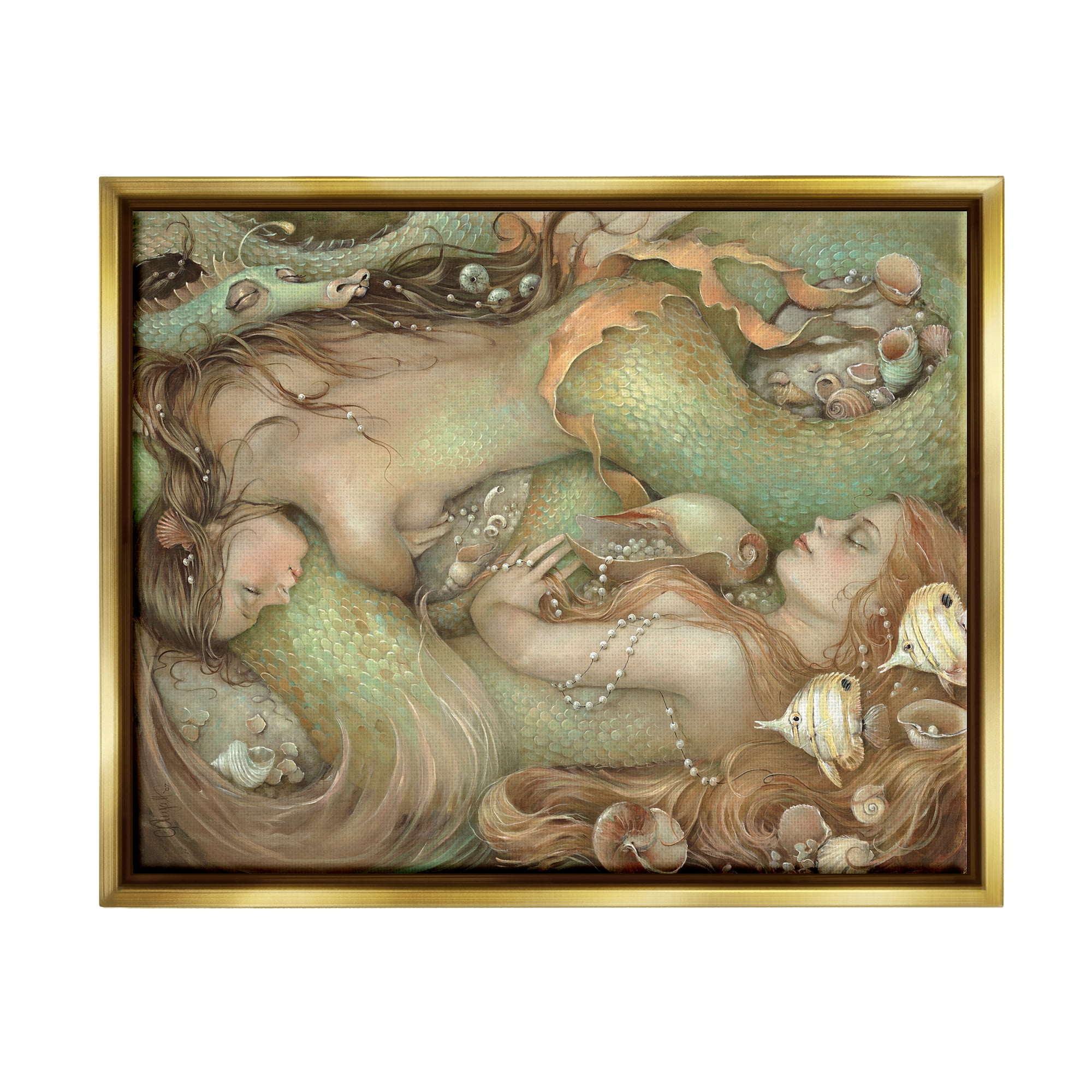 Stupell Industries Two Mermaids Underwater Fairy Tales & Fantasy Painting Gold Floater Framed Art Print Wall Art, 21 x 17