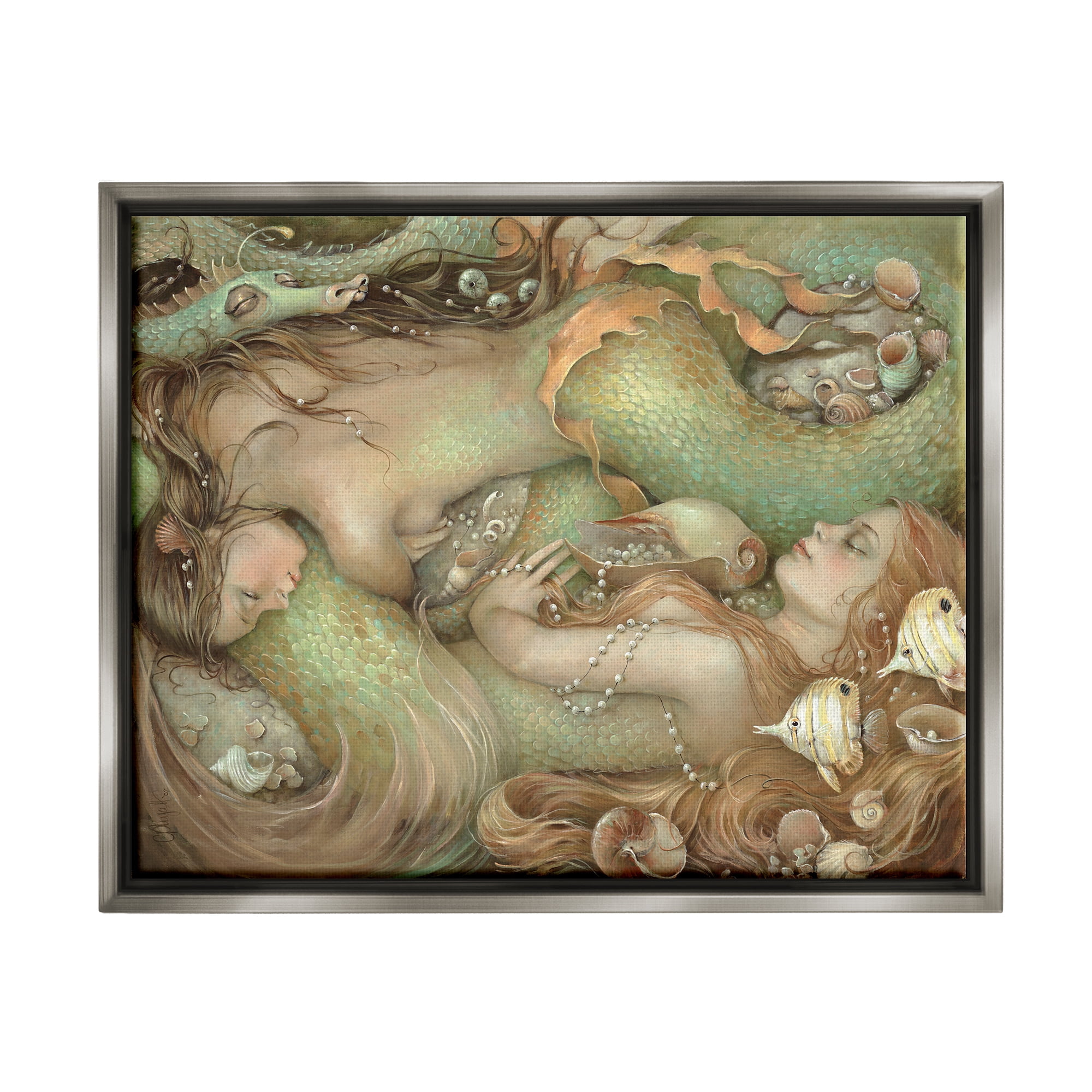 Stupell Industries Two Mermaids Underwater Fairy Tales & Fantasy Painting Gray Floater Framed Art Print Wall Art, 21 x 17