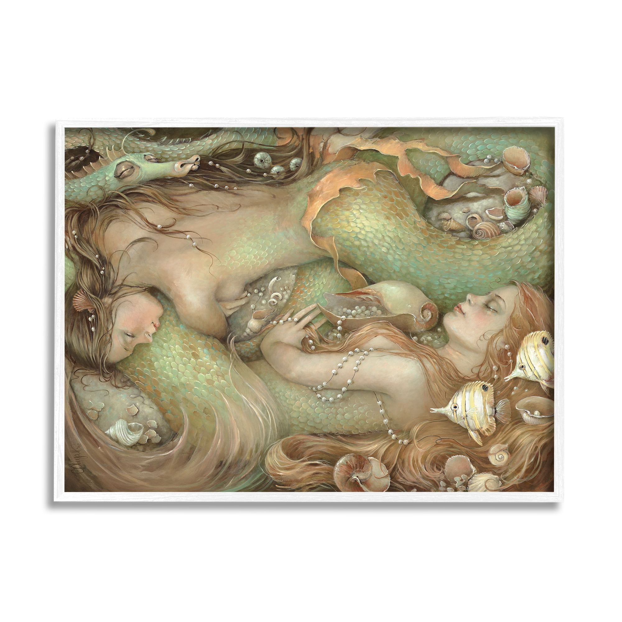 Stupell Industries Two Mermaids Underwater Fairy Tales & Fantasy Painting White Framed Art Print Wall Art, 14 x 11