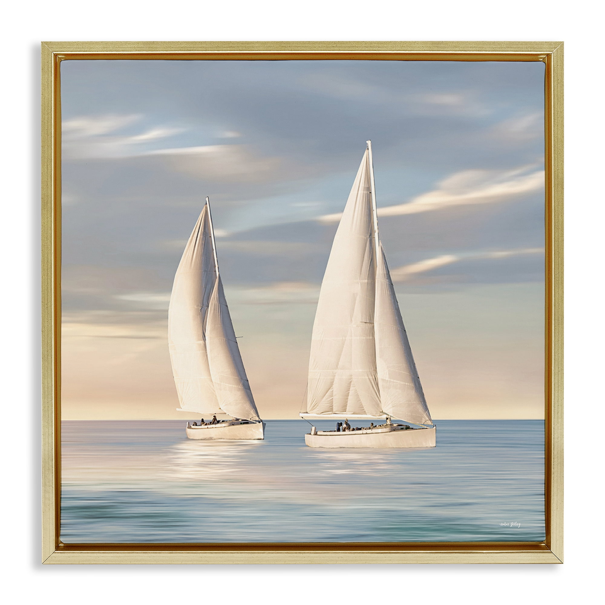 Stupell Industries Two Mighty Sailboats Transportation Painting Gold Floater Framed Canvas Art Print Wall Art, 18 x 18