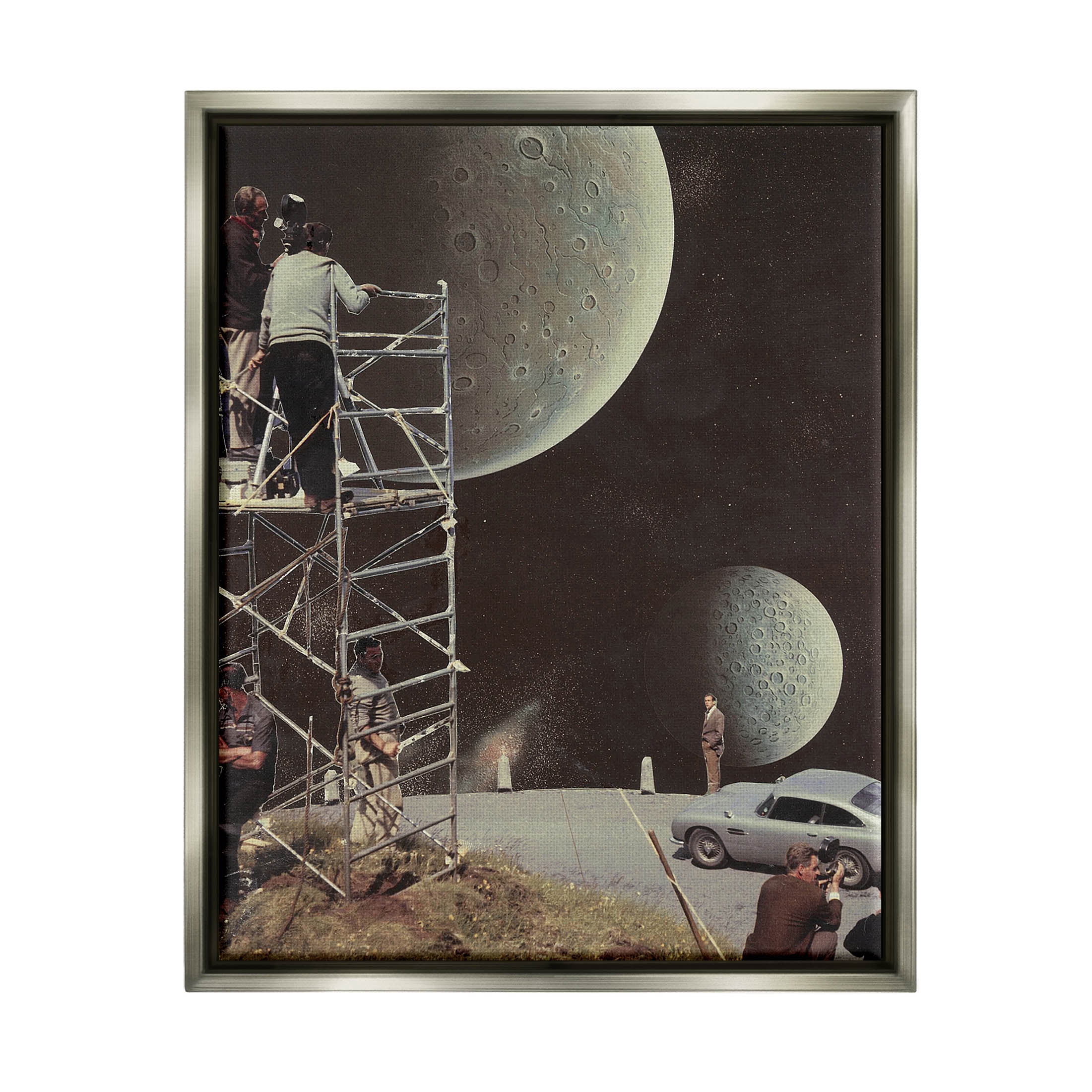Stupell Industries Two Moons Vintage Film Set Galaxy Graphic Art Luster Gray Floating Framed Canvas Print Wall Art, Design by Matheus Lopes Castro