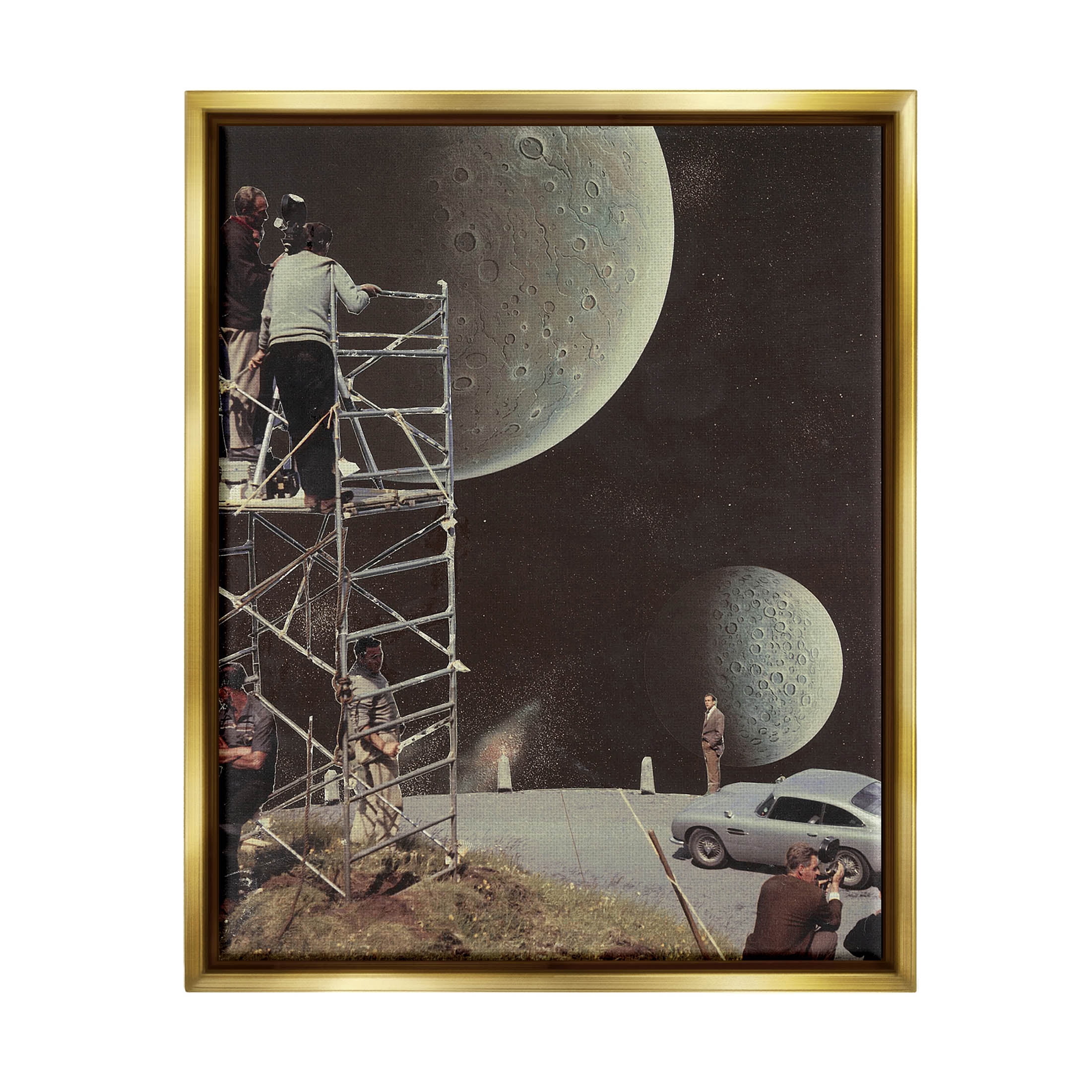 Stupell Industries Two Moons Vintage Film Set Galaxy Graphic Art Metallic Gold Floating Framed Canvas Print Wall Art, Design by Matheus Lopes Castro