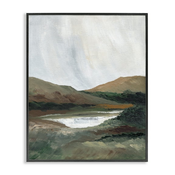 Stupell Industries Two Mountains with Pond Landscape & Nature Painting Black Framed Art Print Wall Art, 16 x 20