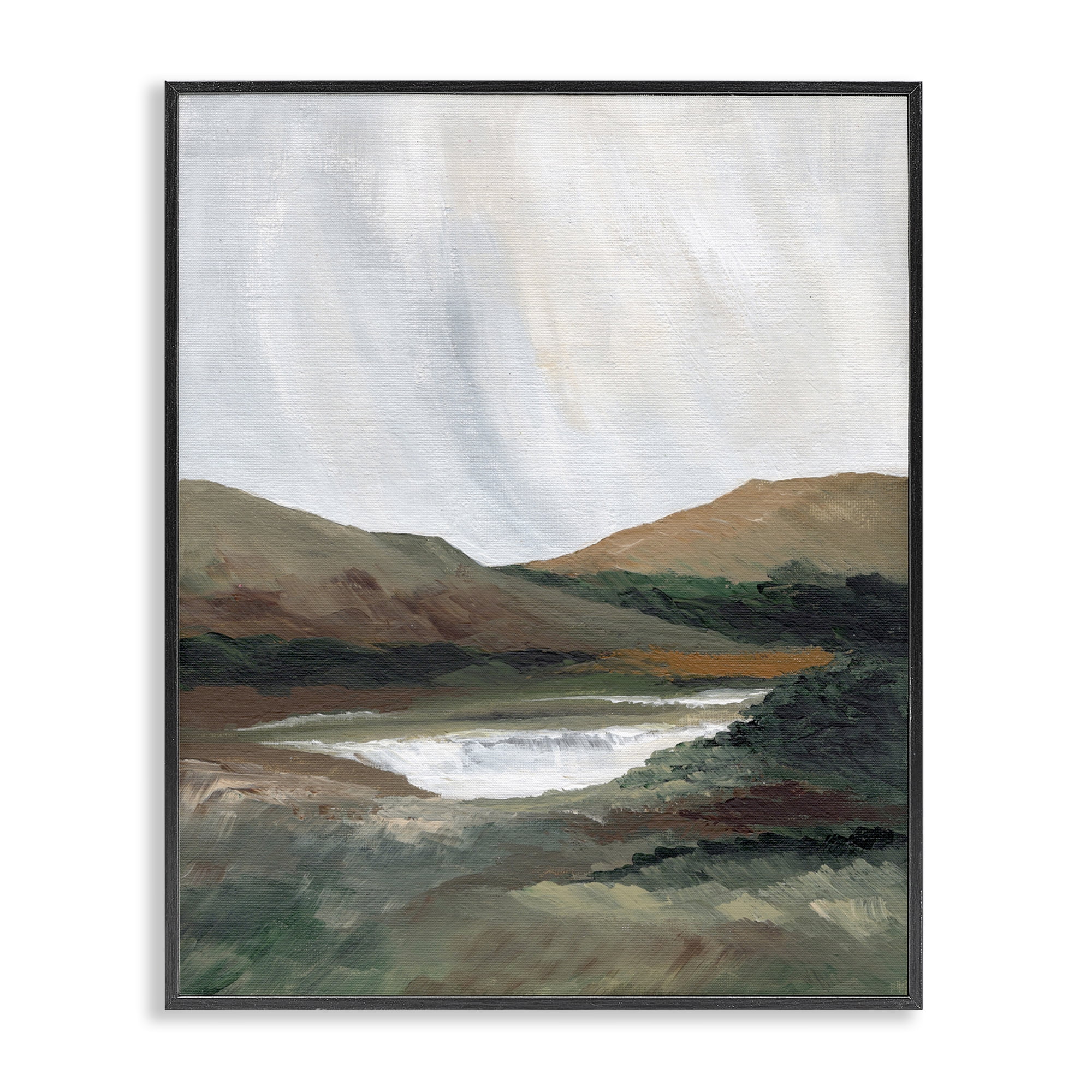 Stupell Industries Two Mountains with Pond Landscape & Nature Painting Black Framed Art Print Wall Art, 24 x 30