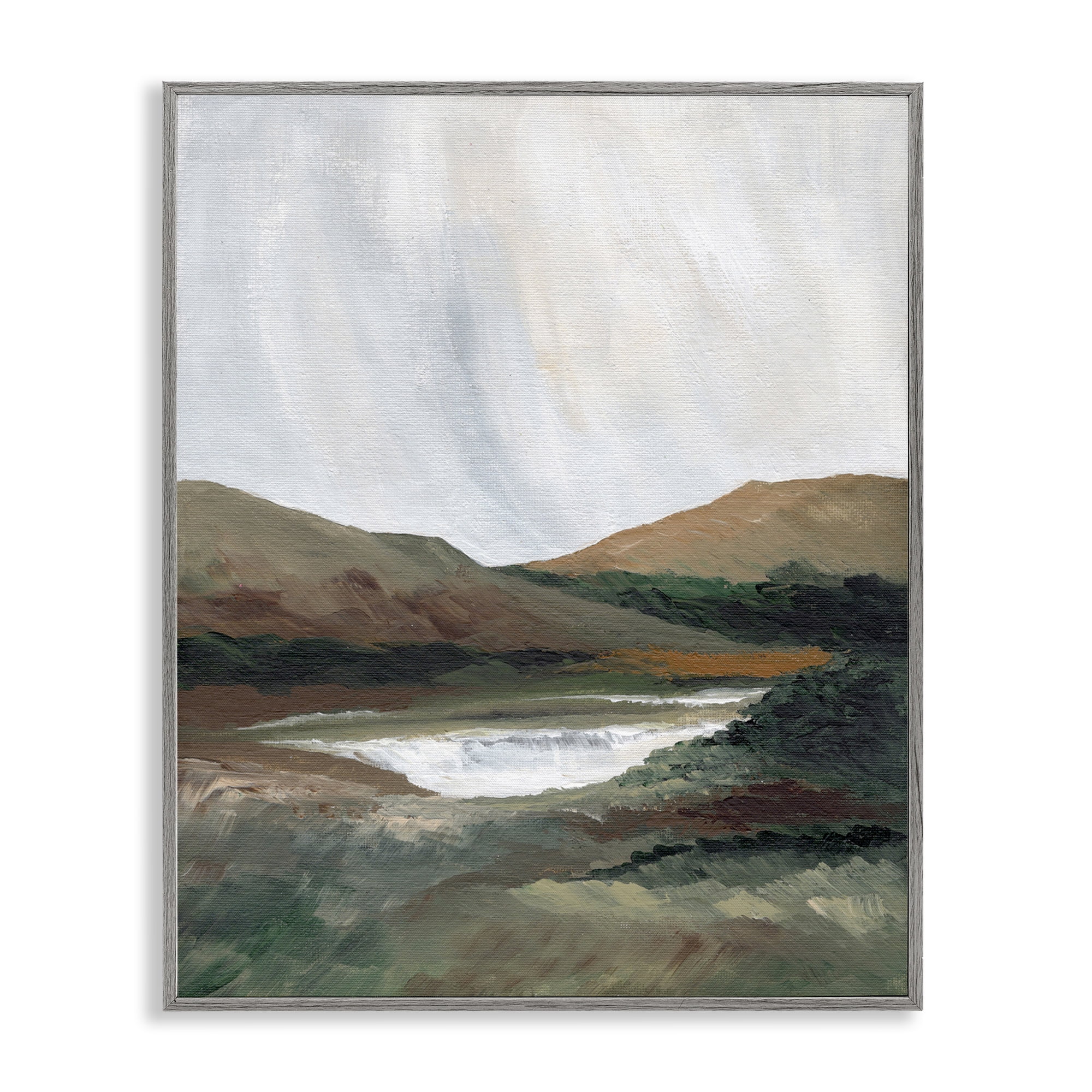 Stupell Industries Two Mountains with Pond Landscape & Nature Painting Gray Framed Art Print Wall Art, 16 x 20