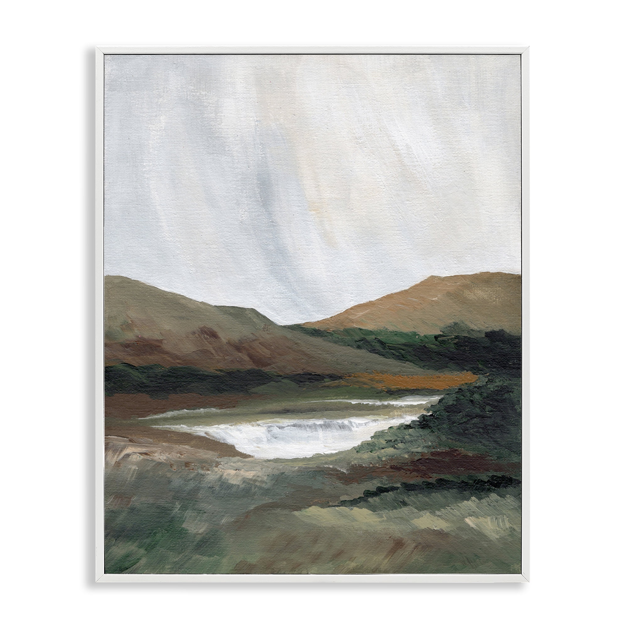 Stupell Industries Two Mountains with Pond Landscape & Nature Painting White Framed Art Print Wall Art, 16 x 20