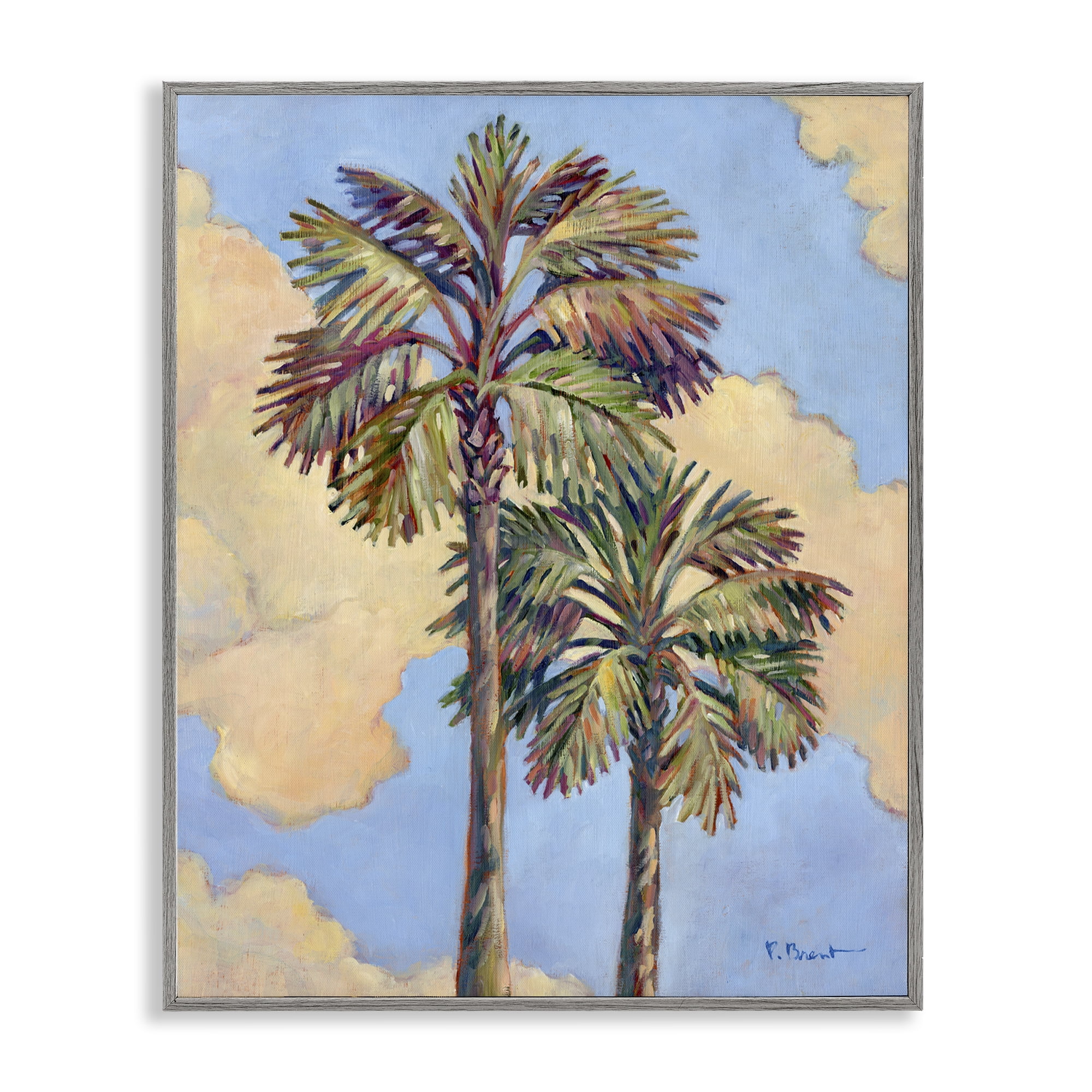 Stupell Industries Two Palm Trees & Clouds Landscape & Nature Painting Gray Framed Art Print Wall Art, 16 x 20