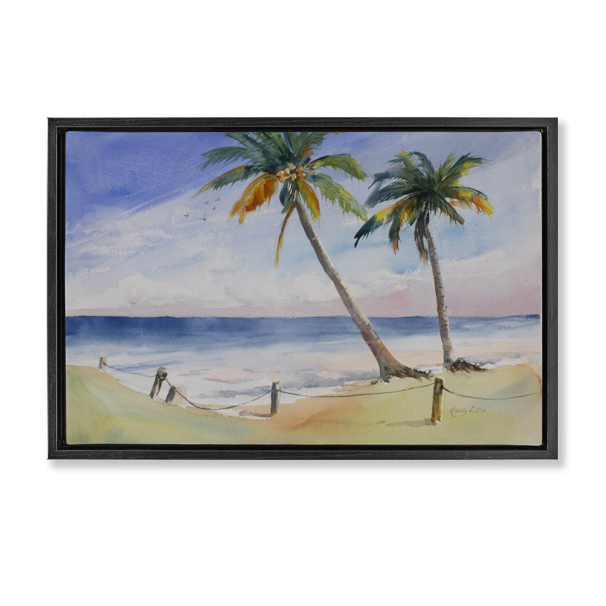Stupell Industries Two Palms Beach Sunset Nautical & Beach Painting Black Floater Framed Canvas Art Print Wall Art, 31 x 21