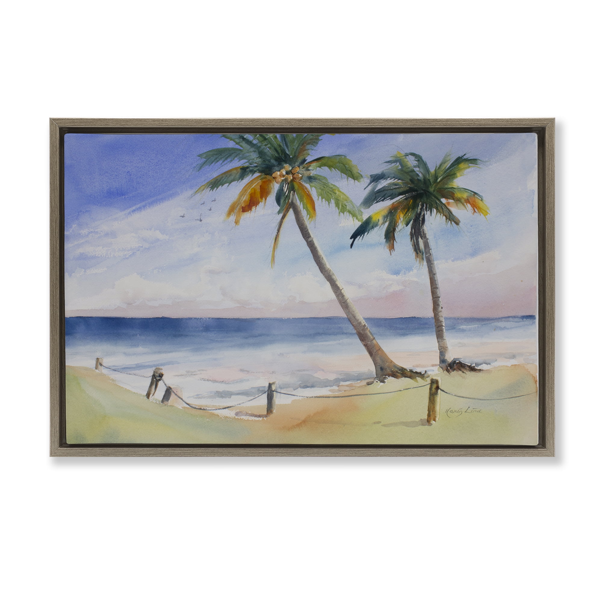 Stupell Industries Two Palms Beach Sunset Nautical & Beach Painting Brown Floater Framed Canvas Art Print Wall Art, 25 x 17