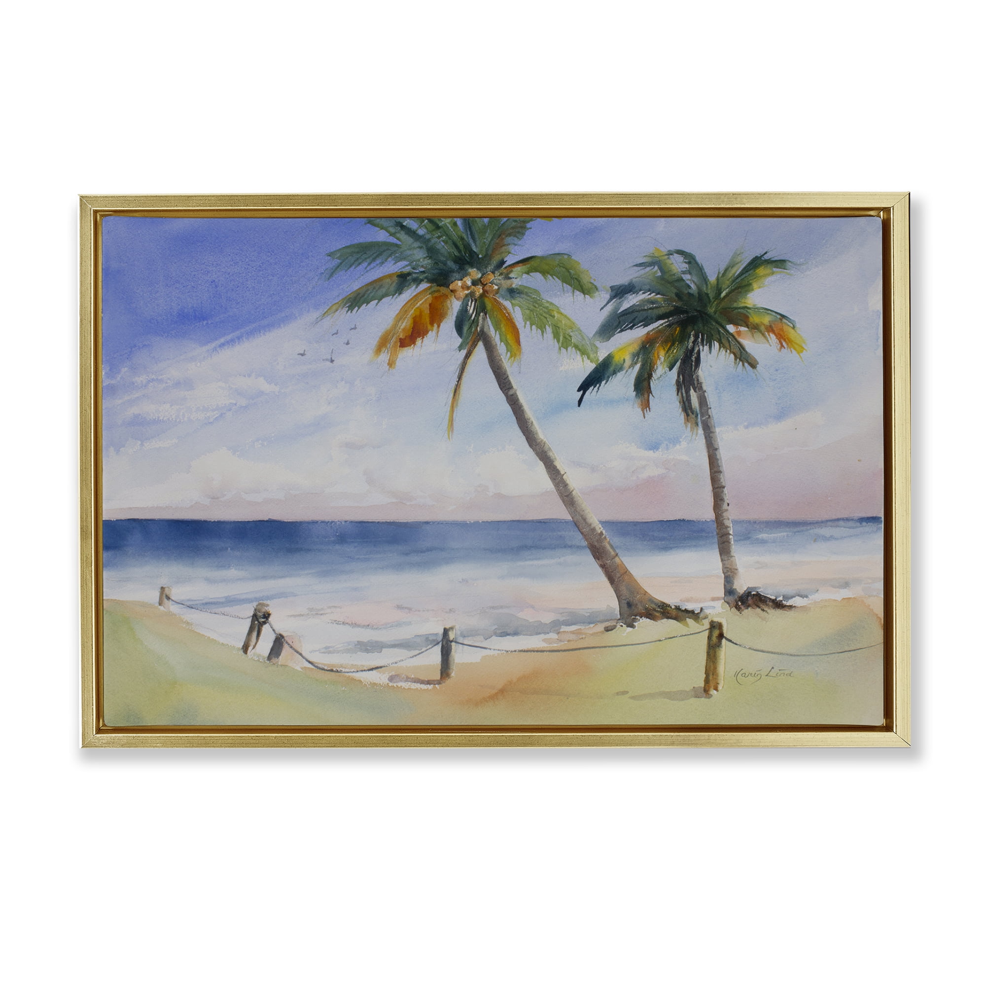 Stupell Industries Two Palms Beach Sunset Nautical & Beach Painting Gold Floater Framed Canvas Art Print Wall Art, 25 x 17