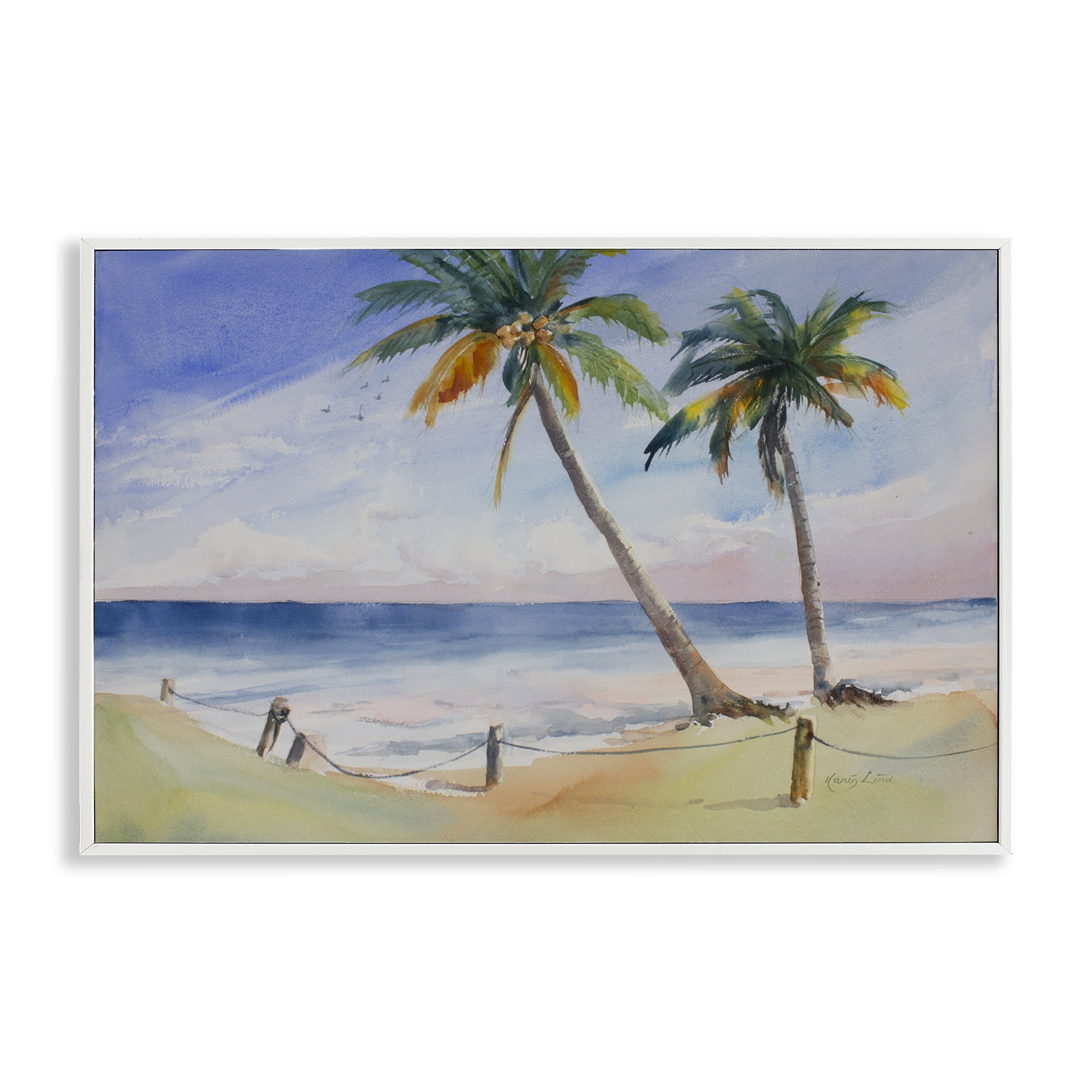Stupell Industries Two Palms Beach Sunset Nautical & Beach Painting White Framed Art Print Wall Art, 18 x 12