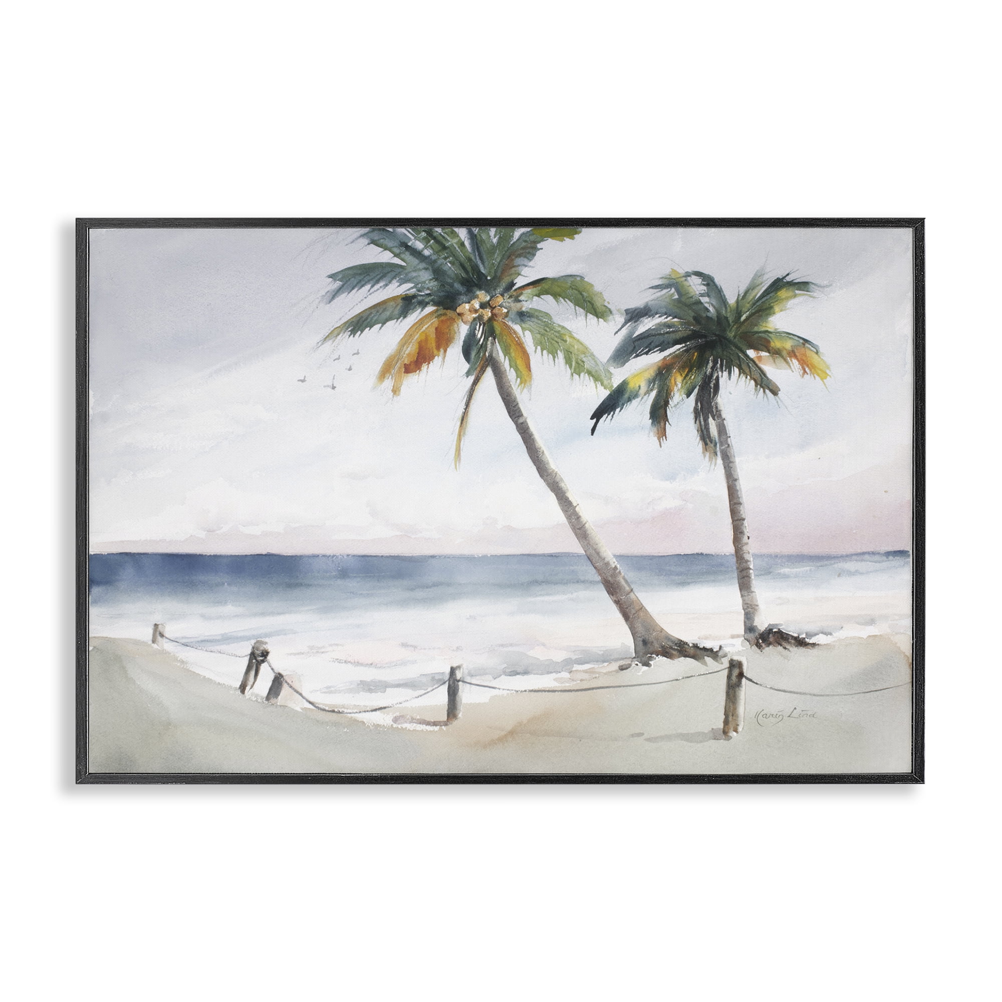 Stupell Industries Two Palms Serene Coast Nautical & Beach Painting Black Framed Art Print Wall Art, 18 x 12