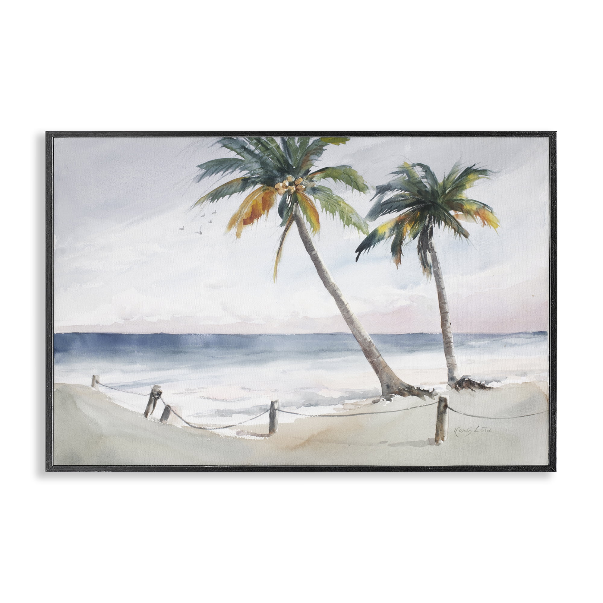 Stupell Industries Two Palms Serene Coast Nautical & Beach Painting Black Framed Art Print Wall Art, 24 x 16