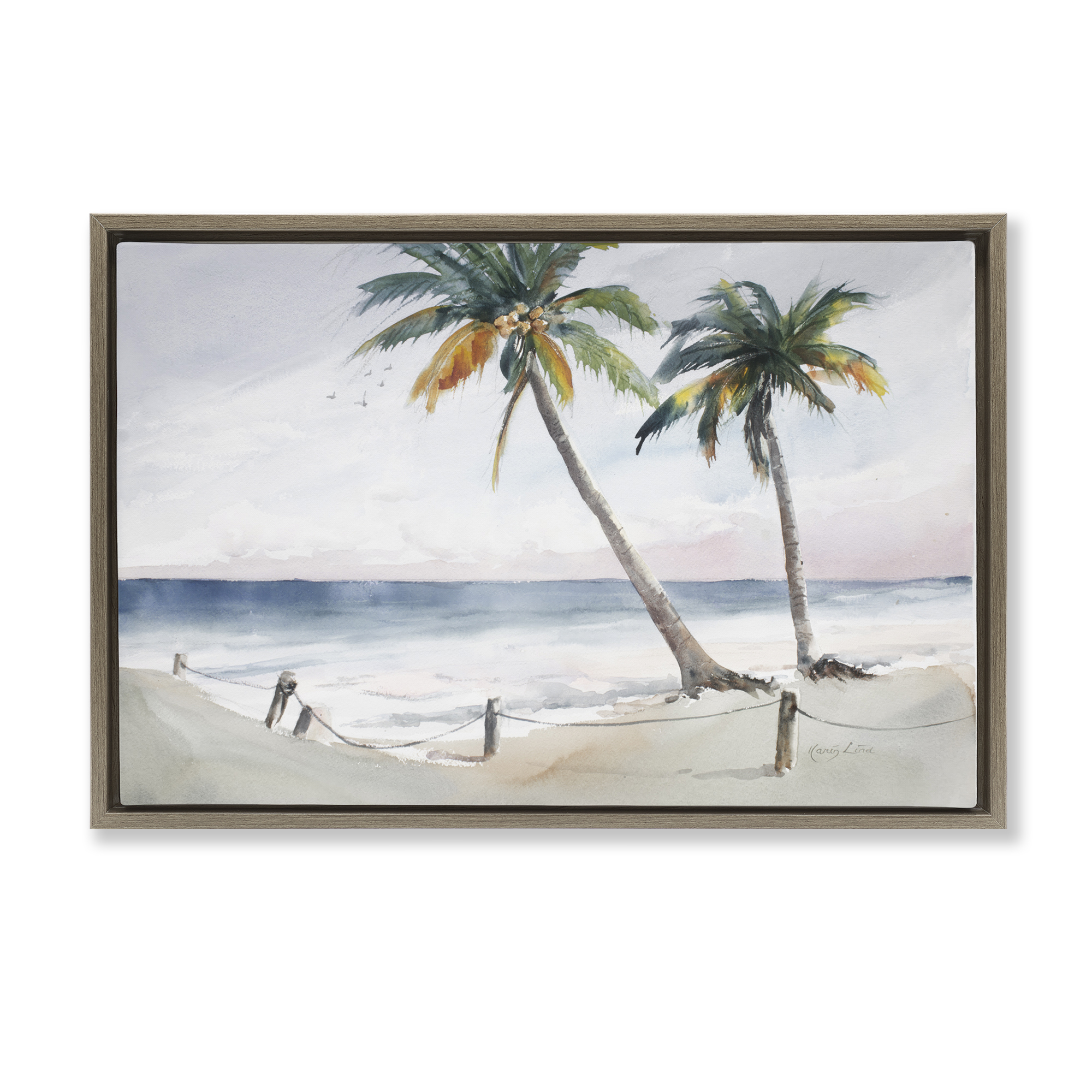 Stupell Industries Two Palms Serene Coast Nautical & Beach Painting Brown Floater Framed Canvas Art Print Wall Art, 25 x 17