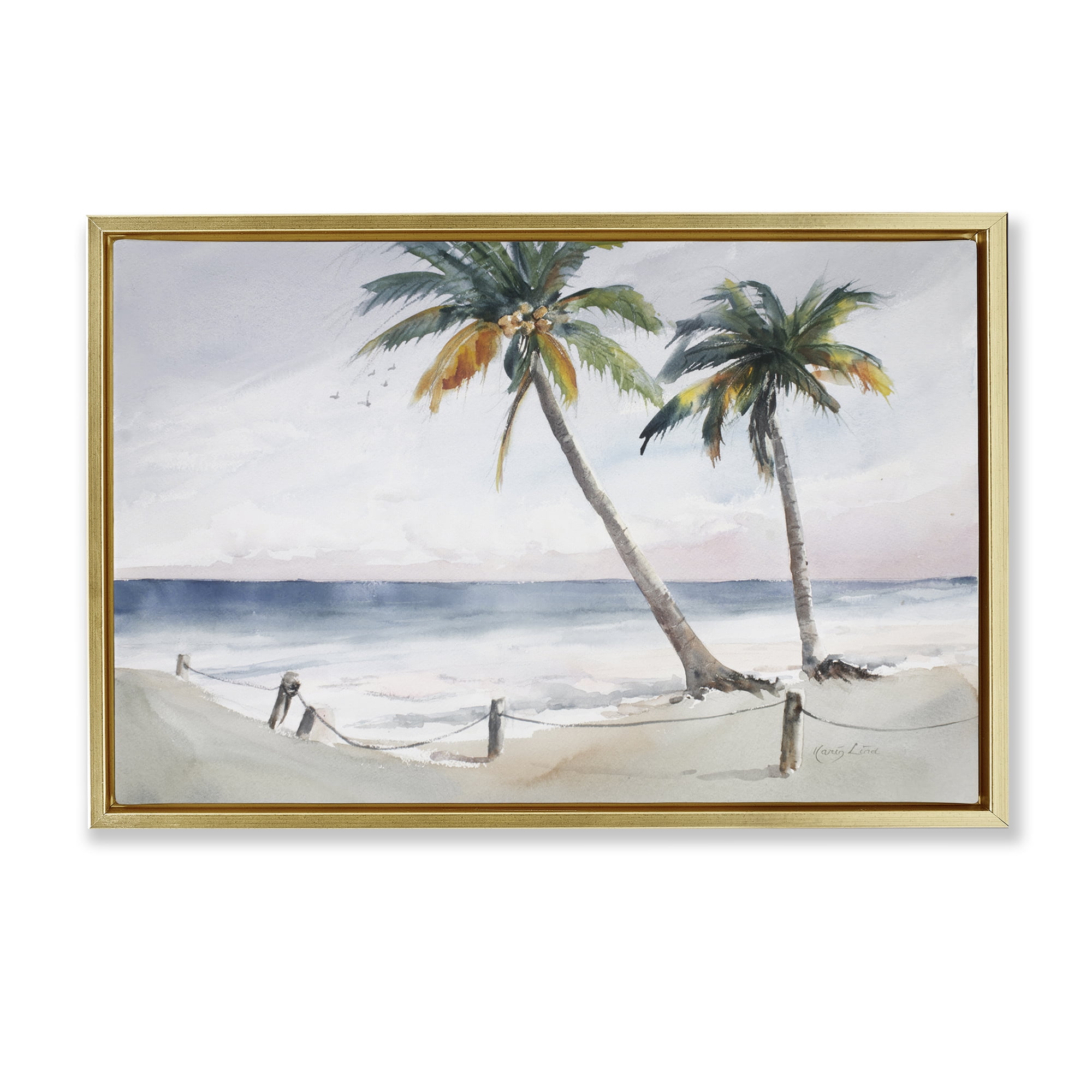 Stupell Industries Two Palms Serene Coast Nautical & Beach Painting Gold Floater Framed Canvas Art Print Wall Art, 25 x 17