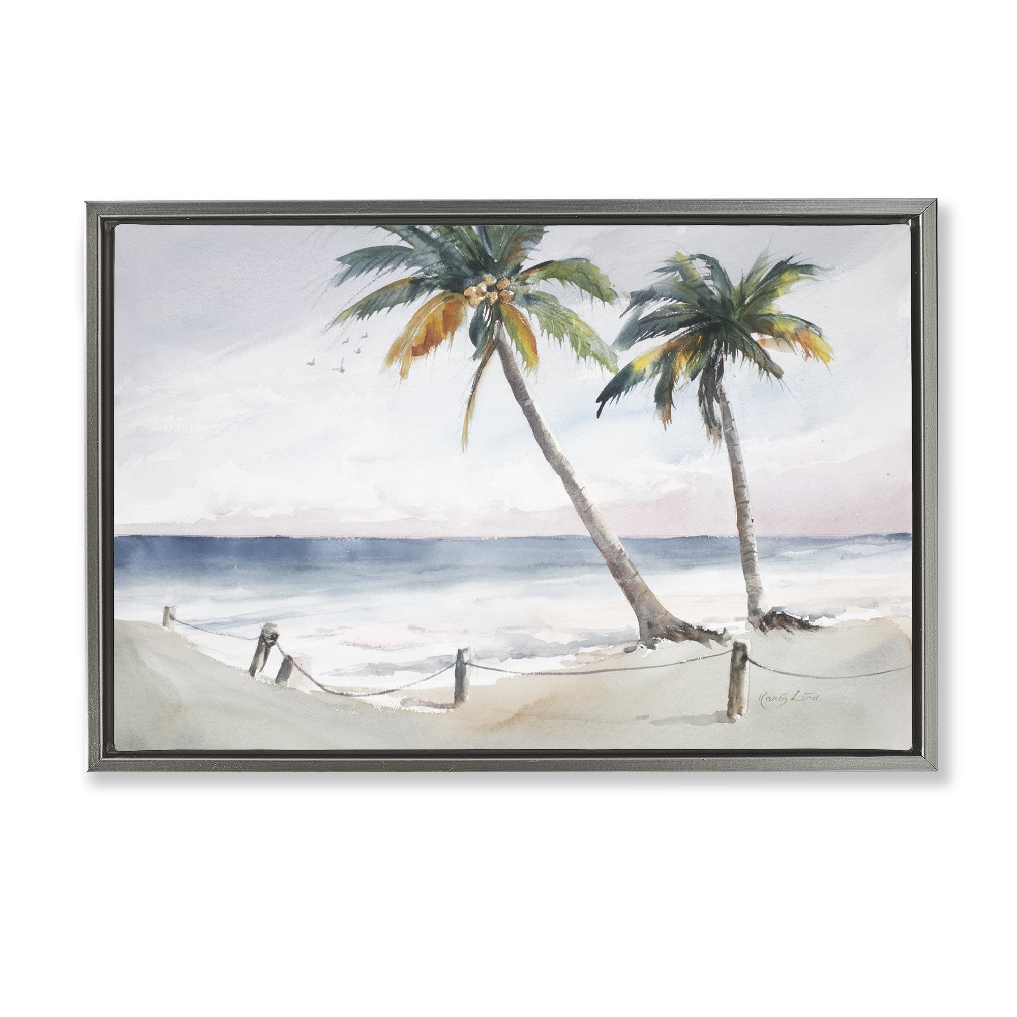 Stupell Industries Two Palms Serene Coast Nautical & Beach Painting Gray Floater Framed Canvas Art Print Wall Art, 31 x 21