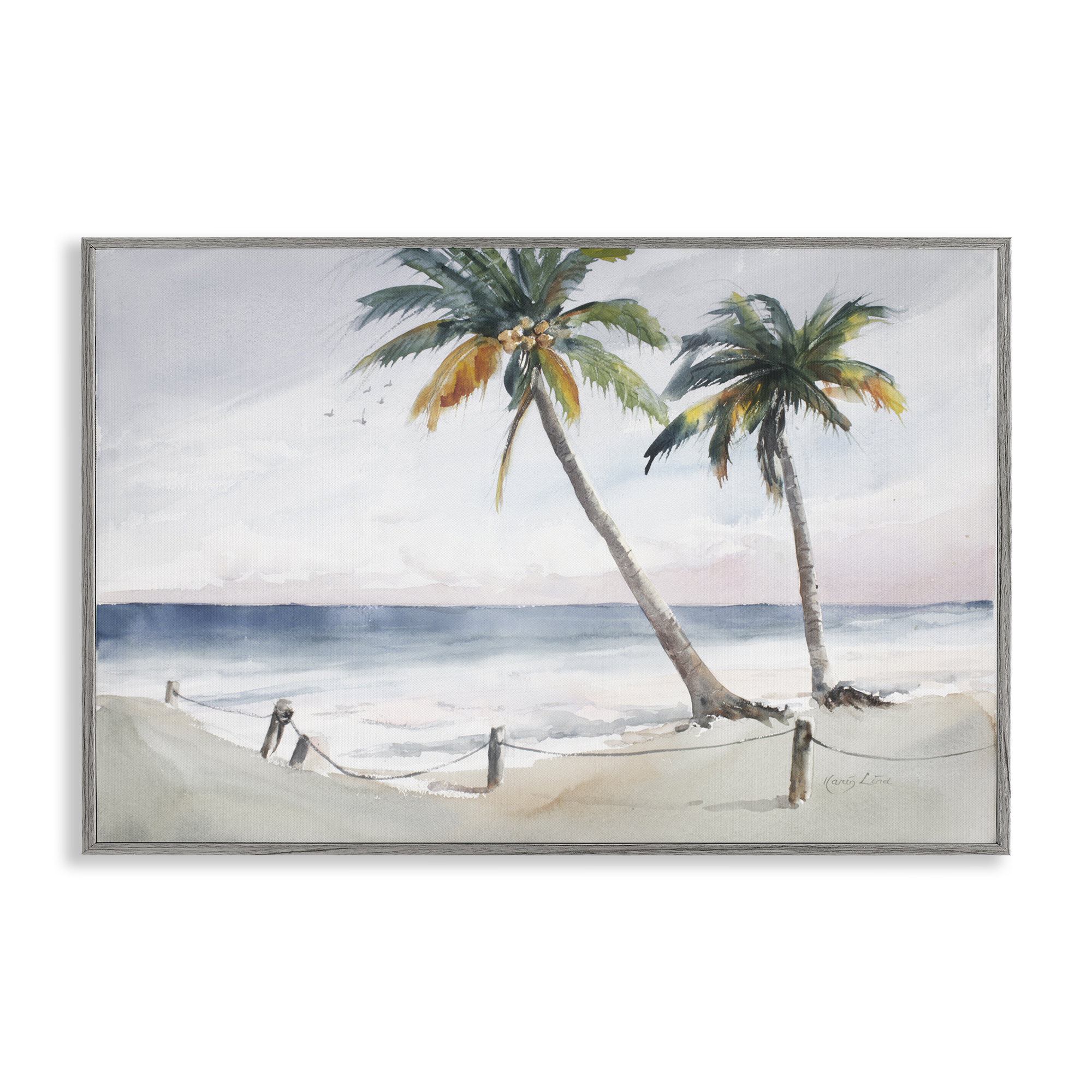 Stupell Industries Two Palms Serene Coast Nautical & Beach Painting Gray Framed Art Print Wall Art, 24 x 16