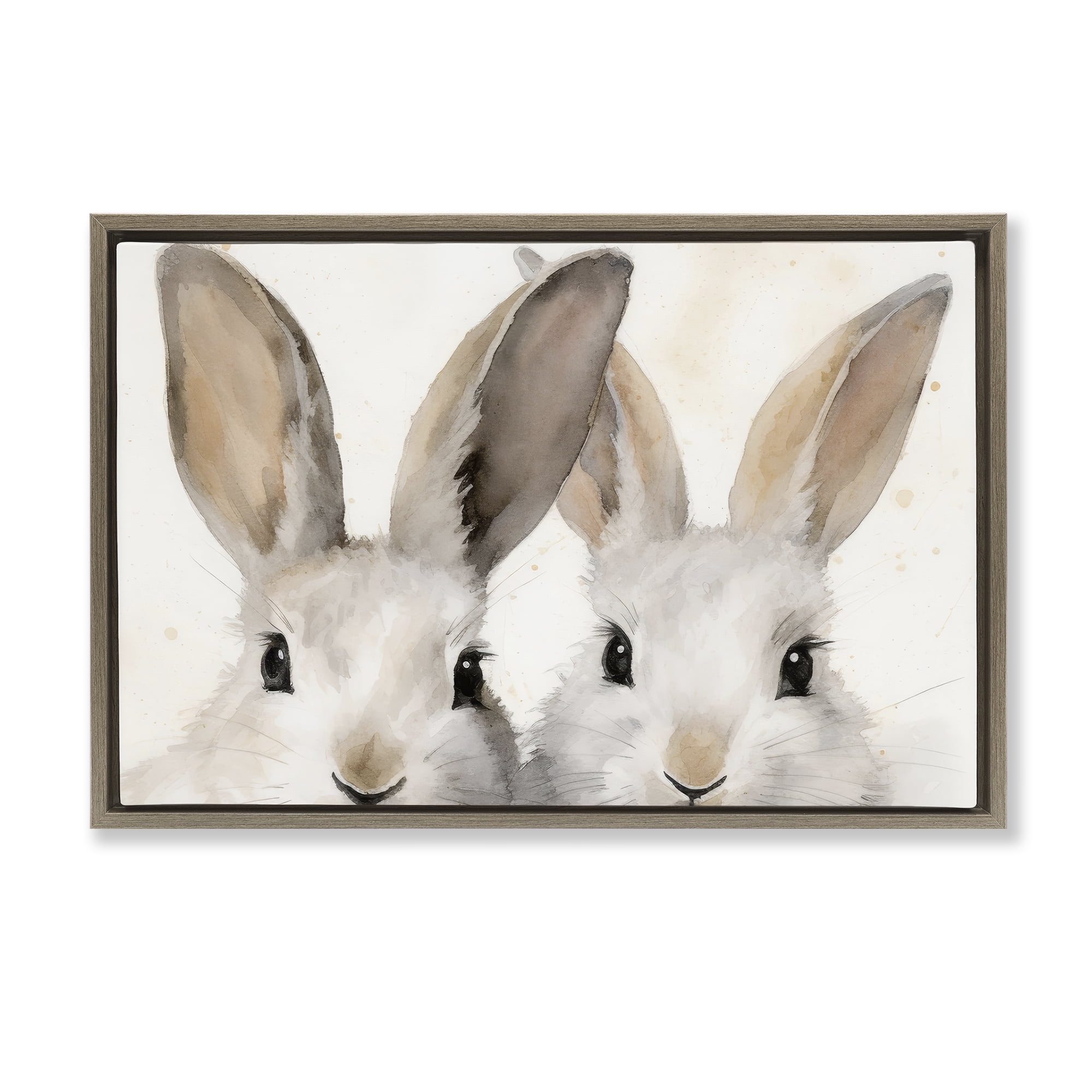 Two Peeking Rabbits Brown Framed Canvas Art Print, 25 x 17