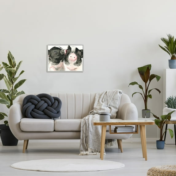 Stupell Industries Two Pigs Pink Snout Kiss Adorable Farm Animals Painting Gray Framed Art Print Wall Art, Design by Kamdon Kreations