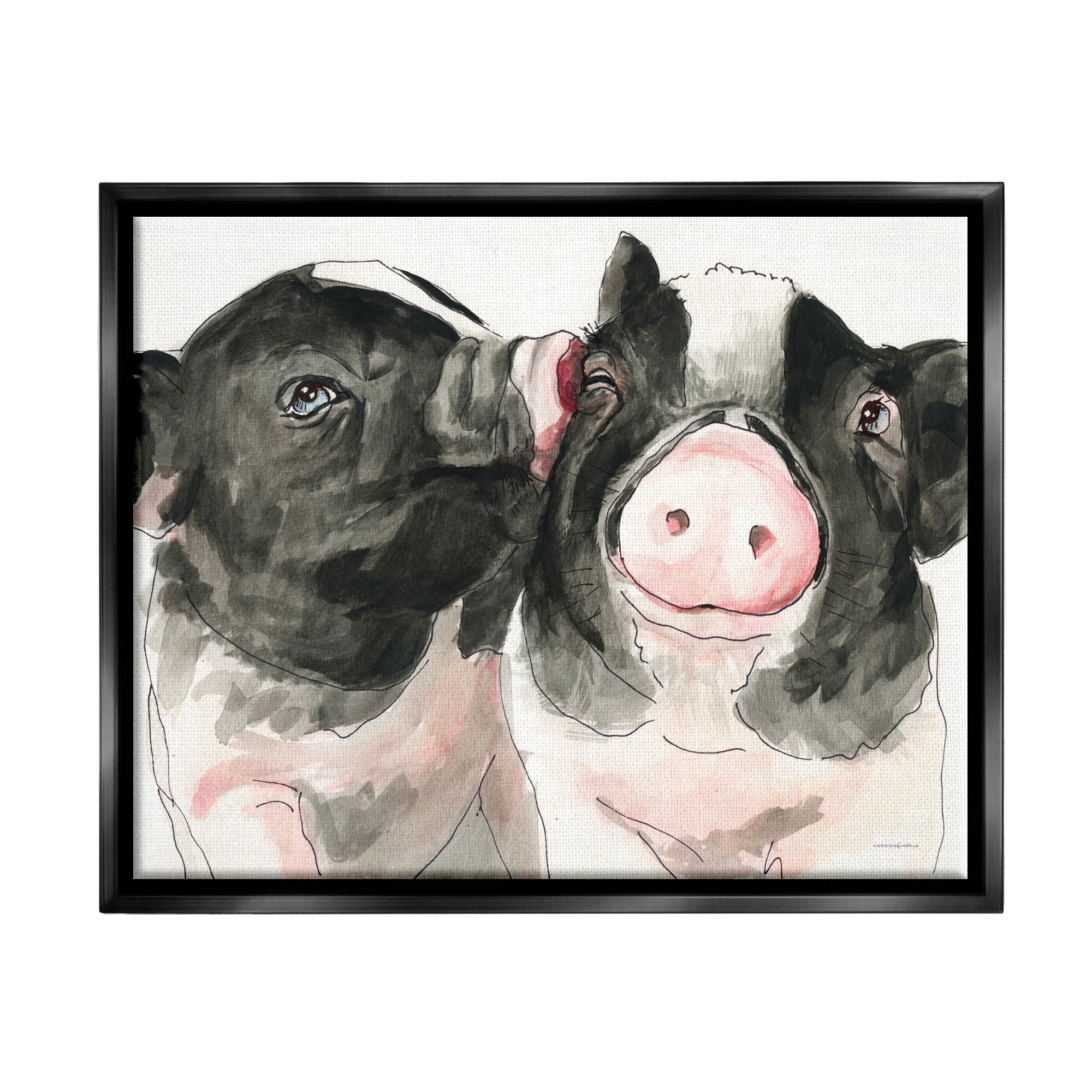 Stupell Industries Two Pigs Pink Snout Kiss Adorable Farm Animals Painting Jet Black Floating Framed Canvas Print Wall Art, Design by Kamdon Kreations
