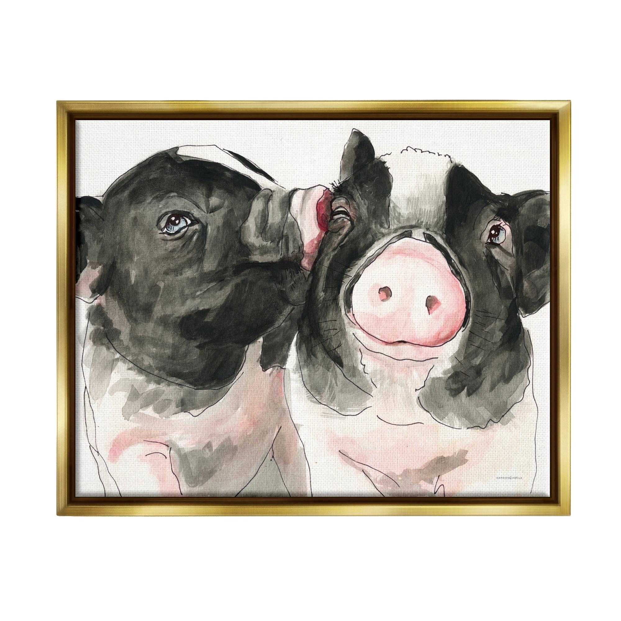 Stupell Industries Two Pigs Pink Snout Kiss Adorable Farm Animals Painting Metallic Gold Floating Framed Canvas Print Wall Art, Design by Kamdon Kreations