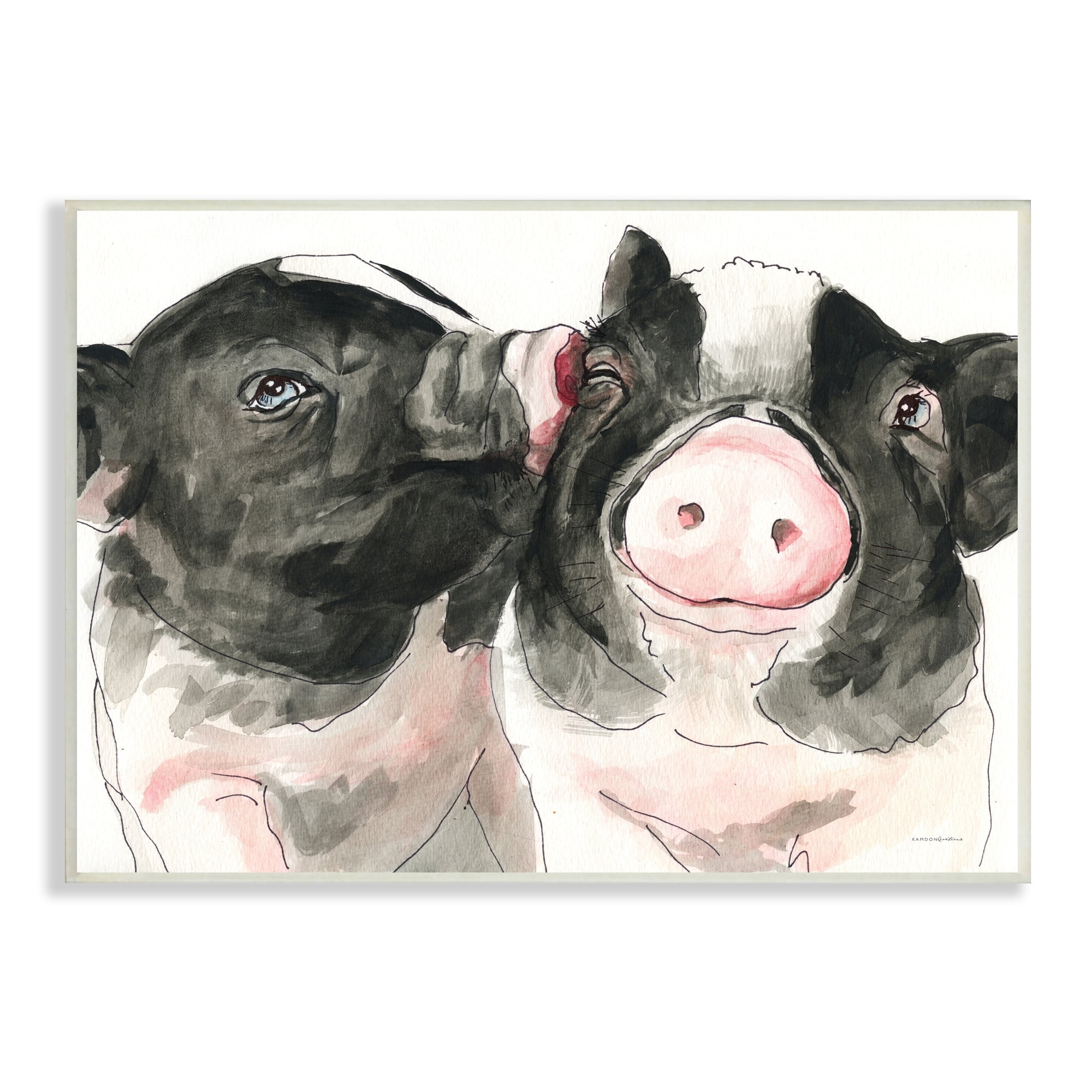 Adorable Farm Animals Pink Snout Kiss Rustic Wood Wall Art