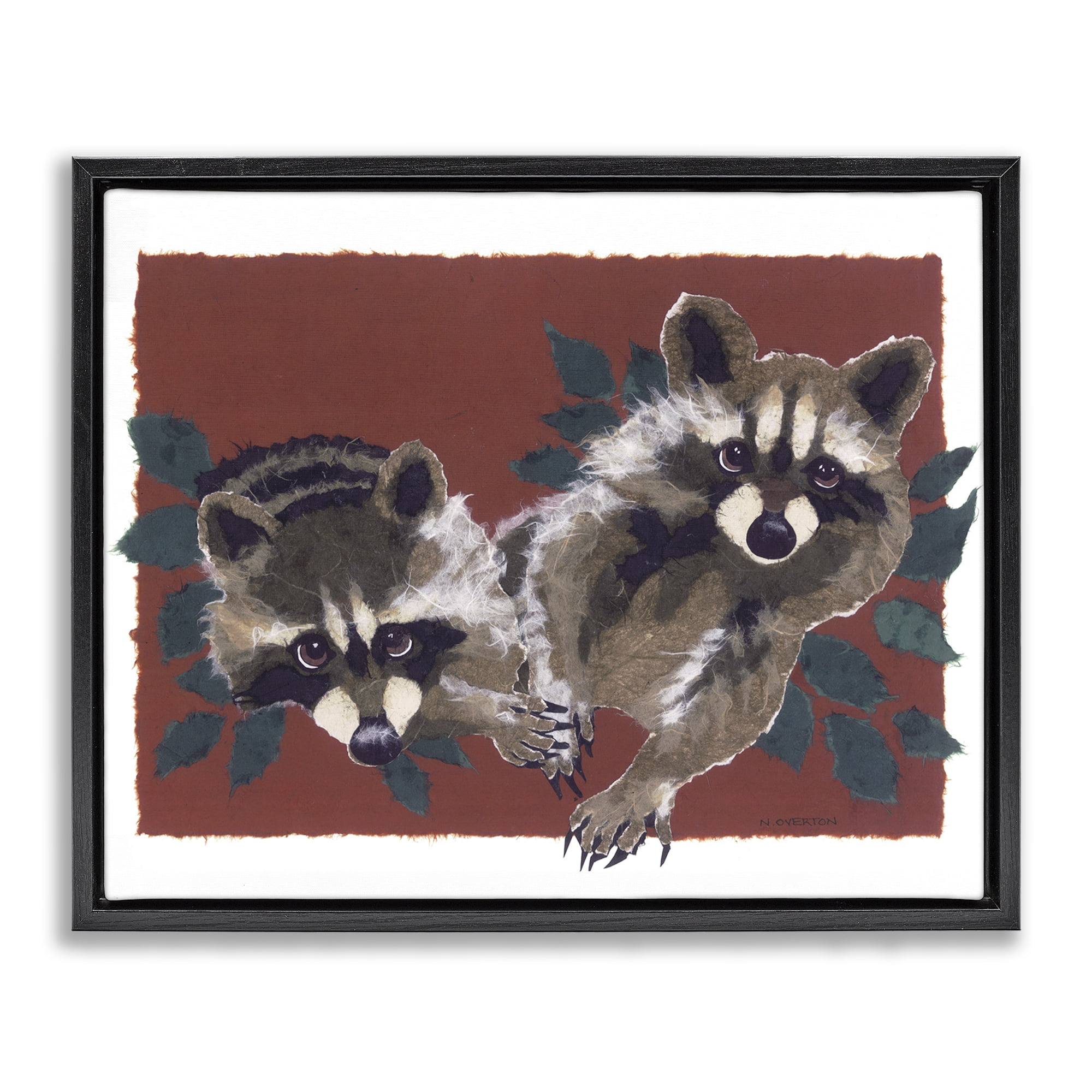 Stupell Industries Two Raccoons & Leaves Animals & Insects Painting Black Floater Framed Canvas Art Print Wall Art, 31 x 25