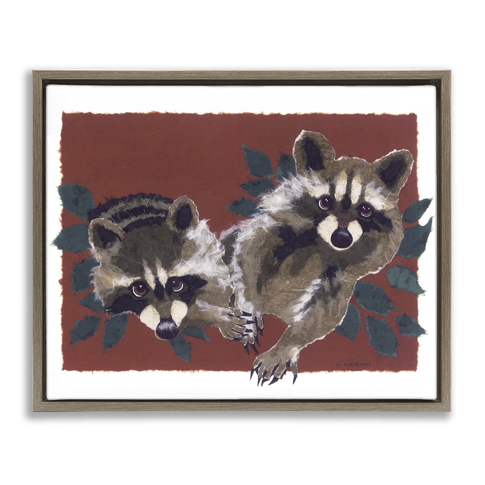 Stupell Industries Two Raccoons & Leaves Animals & Insects Painting Brown Floater Framed Canvas Art Print Wall Art, 21 x 17