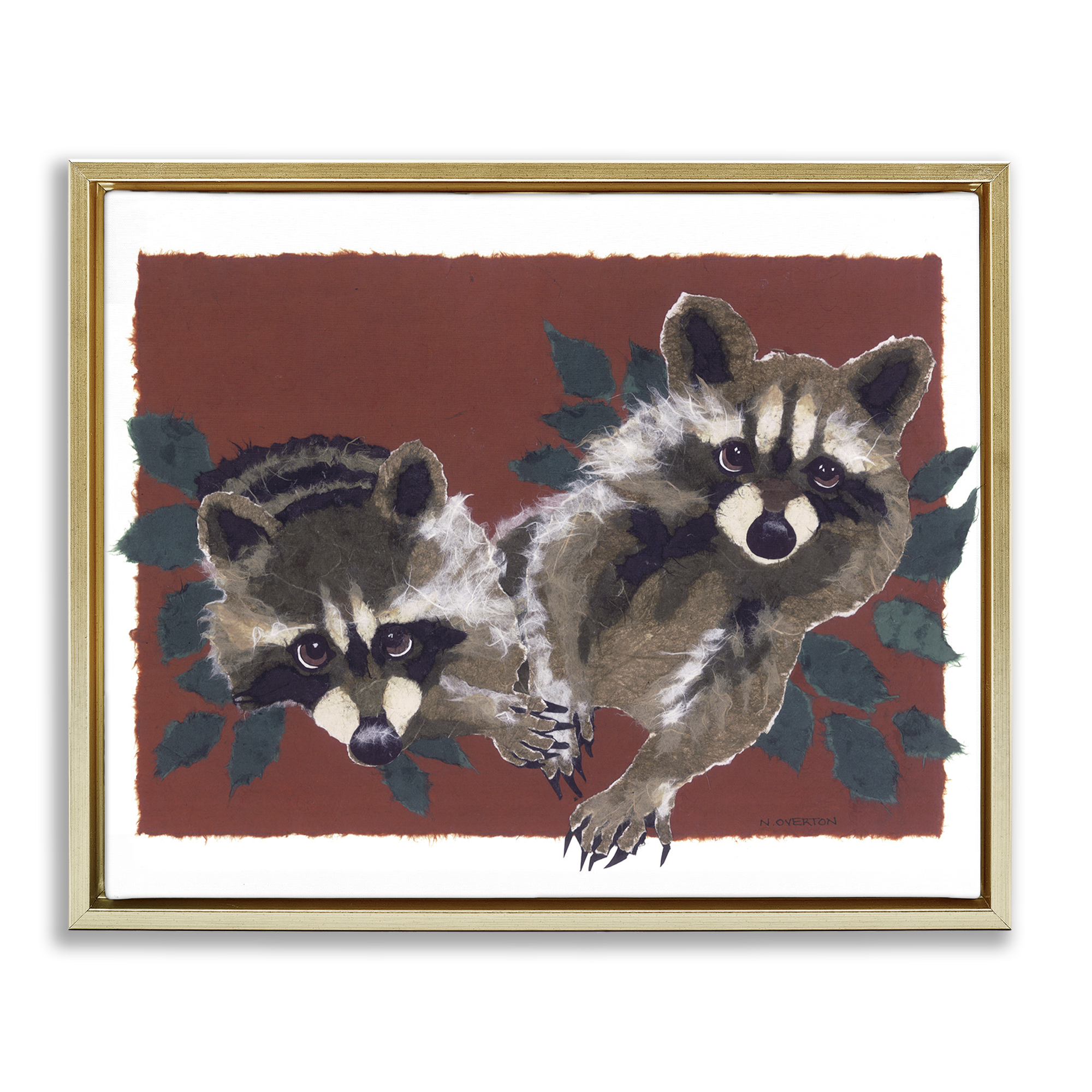 Stupell Industries Two Raccoons & Leaves Animals & Insects Painting Gold Floater Framed Canvas Art Print Wall Art, 21 x 17