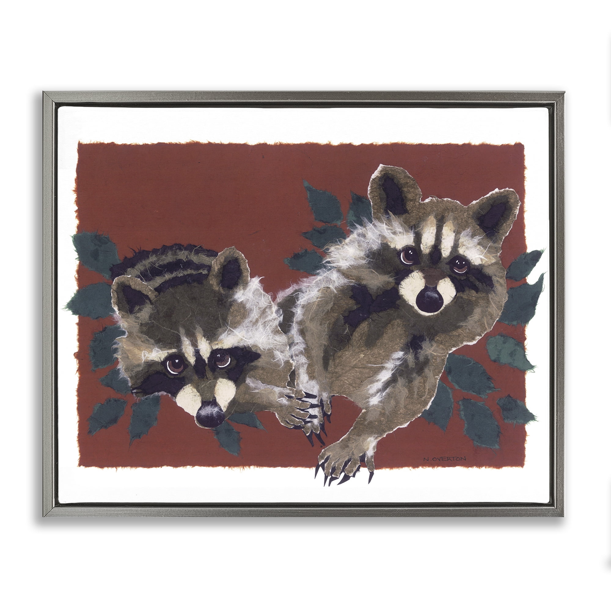 Stupell Industries Two Raccoons & Leaves Animals & Insects Painting Gray Floater Framed Canvas Art Print Wall Art, 21 x 17