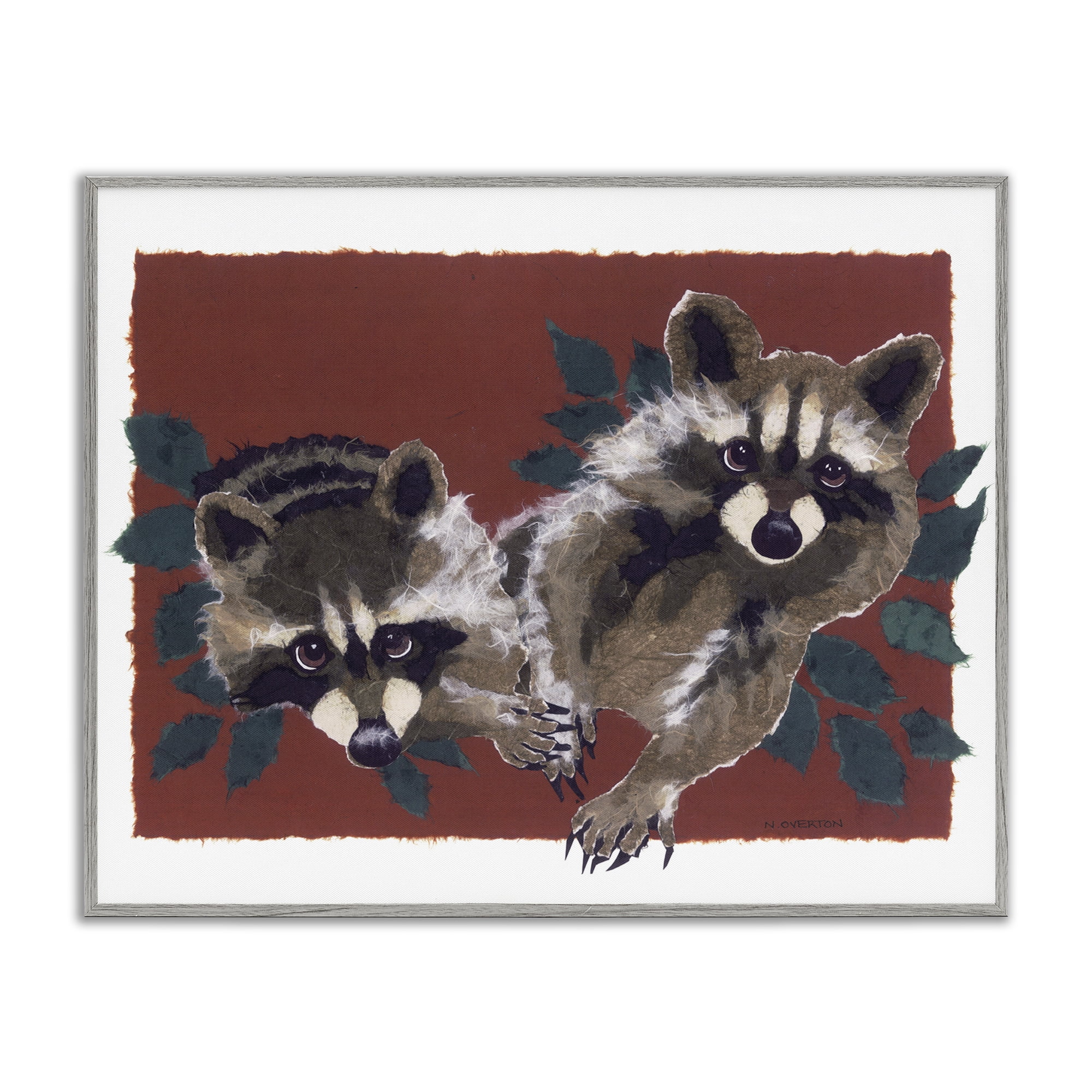 Stupell Industries Two Raccoons & Leaves Animals & Insects Painting Gray Framed Art Print Wall Art, 14 x 11