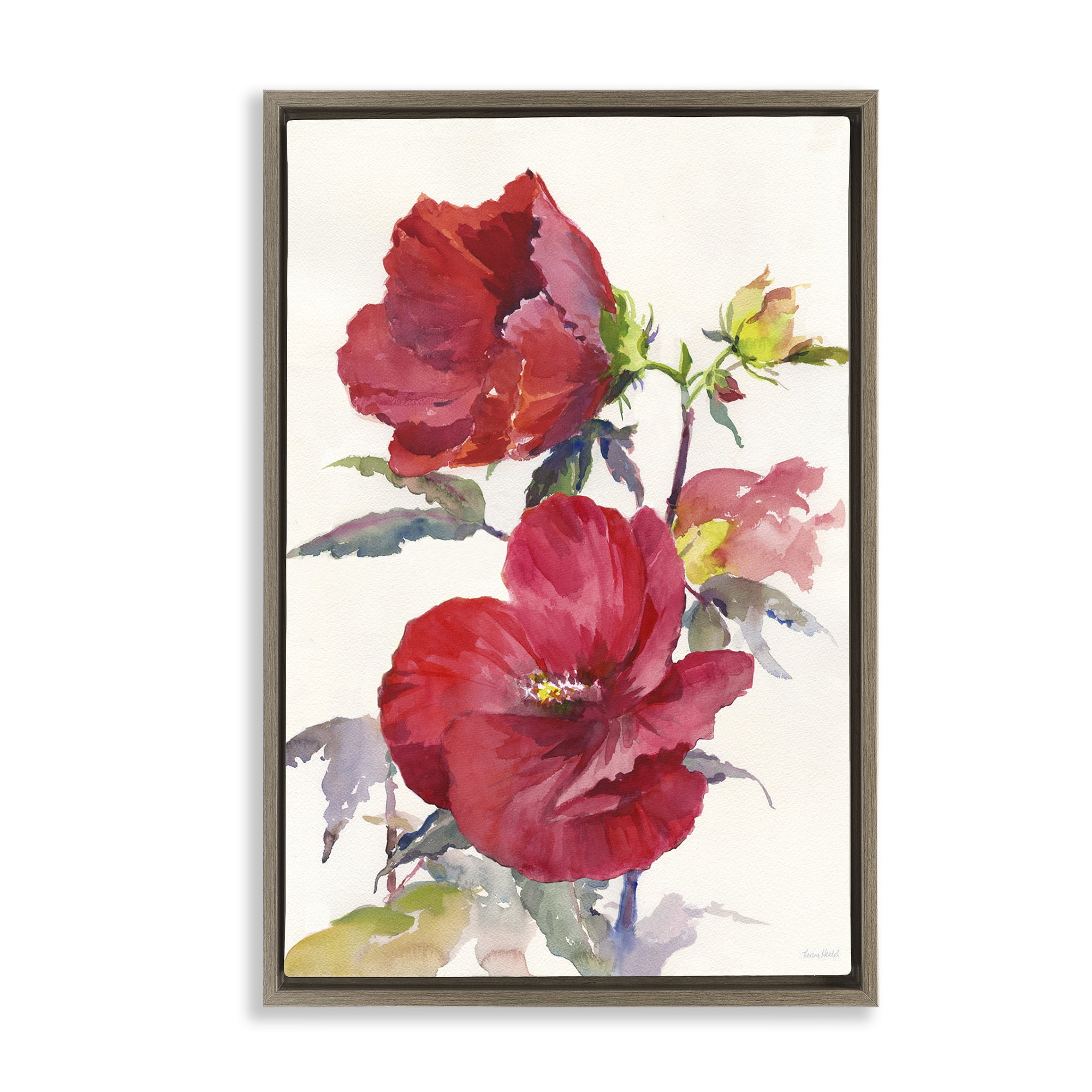 Stupell Industries Two Red Poppies Botanical & Floral Painting Brown Floater Framed Art Print Wall Art, 17 x 25