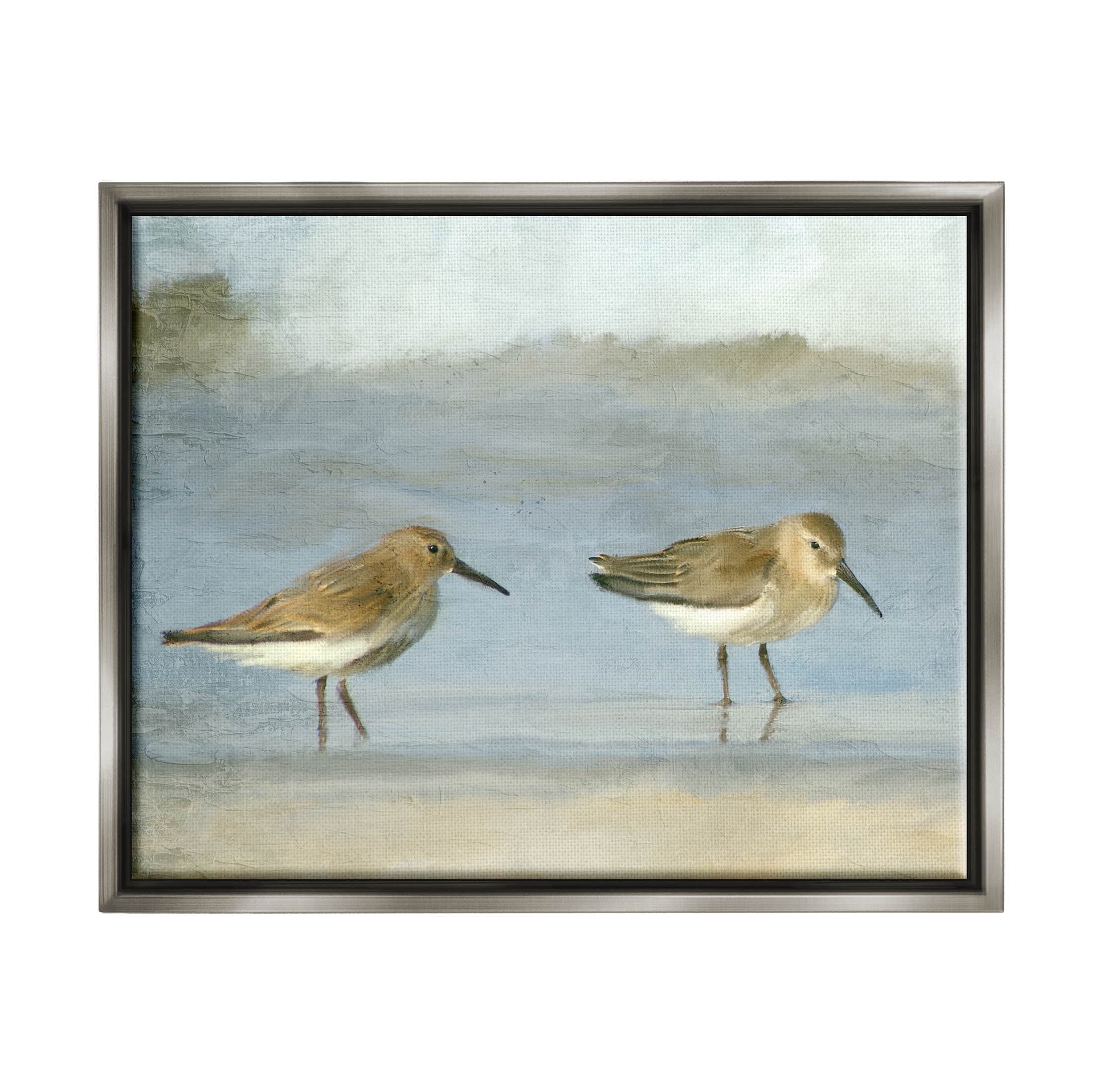 Stupell Industries Two Sandpipers Stepping Beach Shore Painting Luster Gray Floating Framed Canvas Print Wall Art, Design by Kim Allen