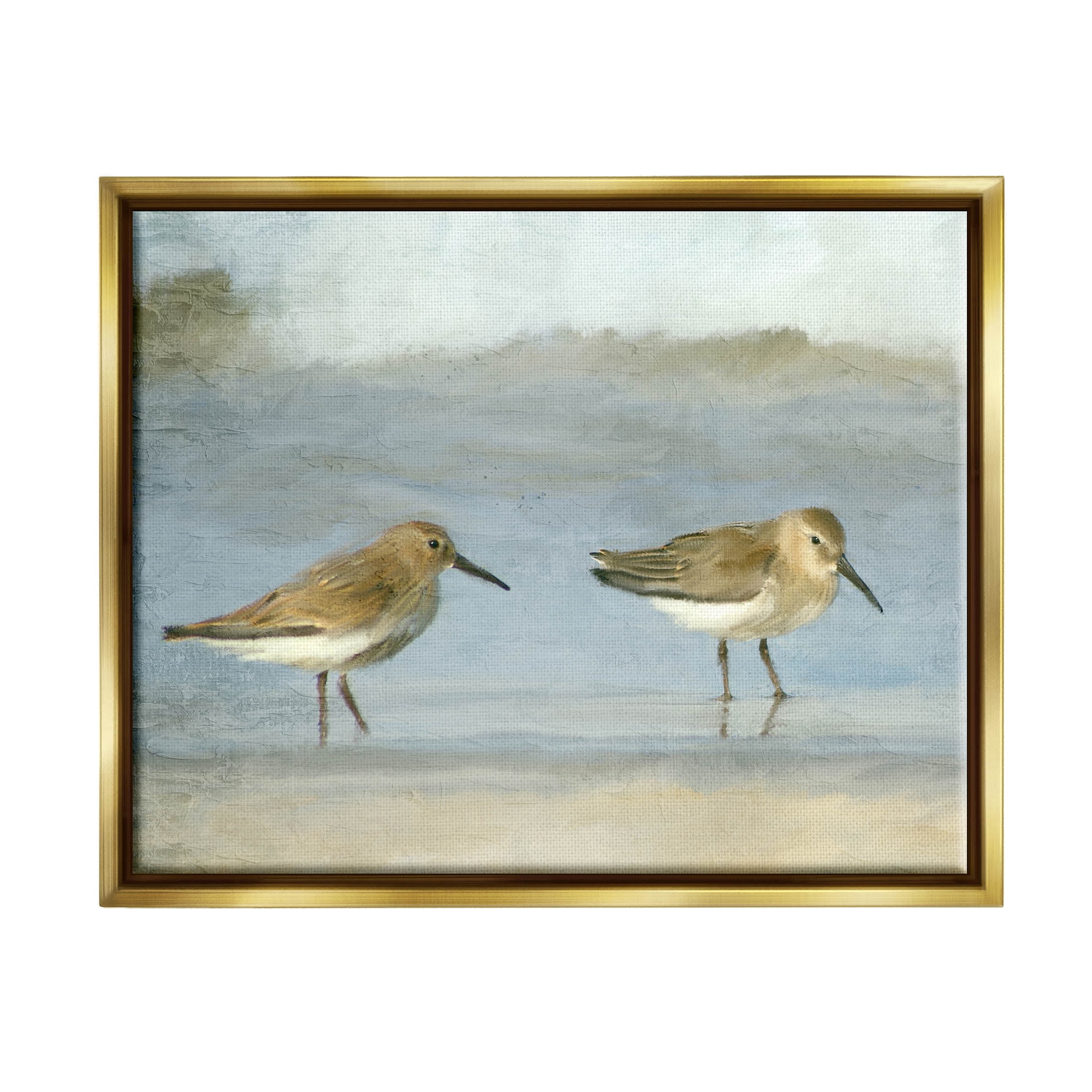 Stupell Industries Two Sandpipers Stepping Beach Shore Painting Metallic Gold Floating Framed Canvas Print Wall Art, Design by Kim Allen