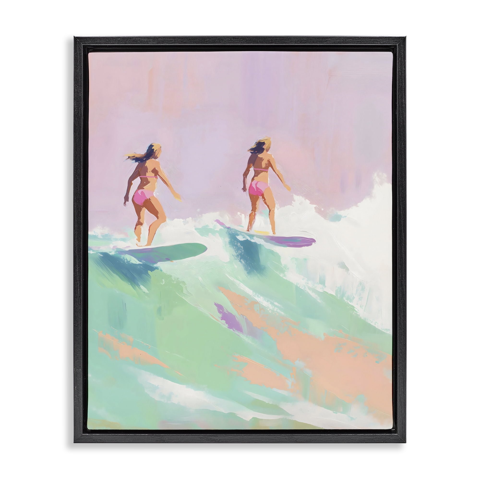 Stupell Industries Two Surfing Girls on Wave Black Framed Floater Canvas Wall Art, design by The Prints Vibe