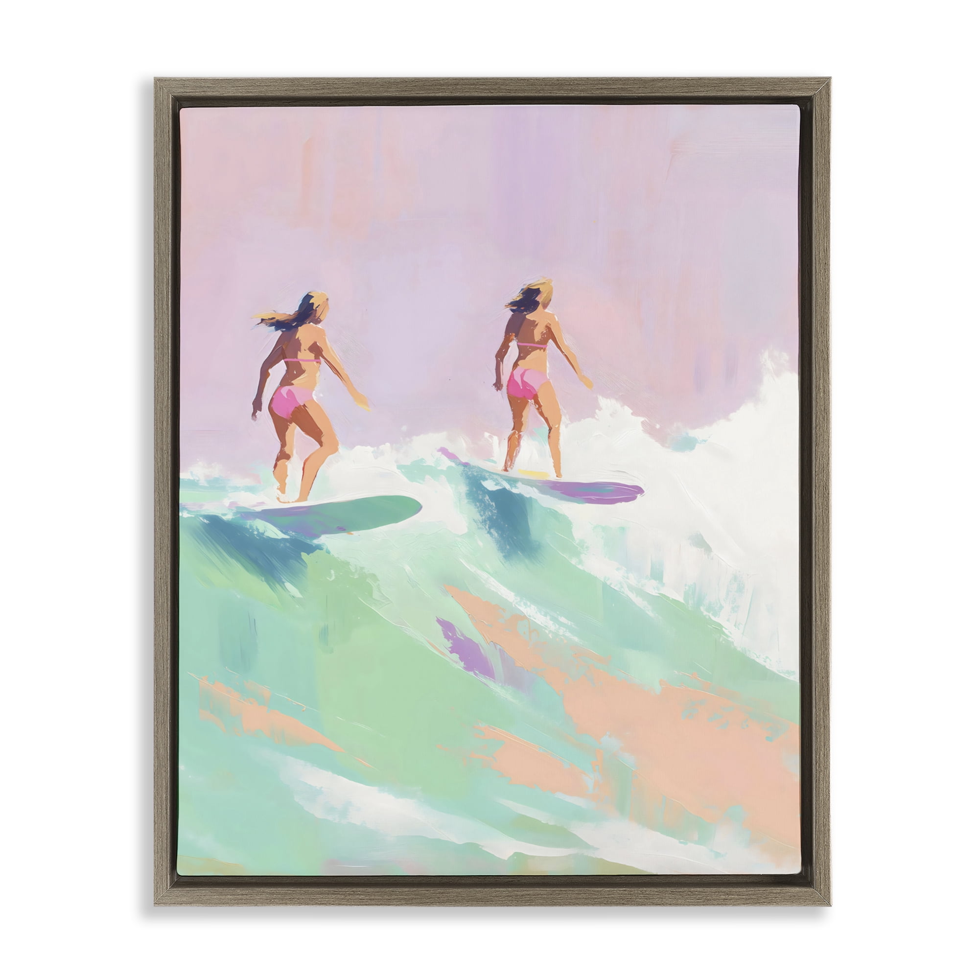 Stupell Industries Two Surfing Girls on Wave Brown Framed Floater Canvas Wall Art, design by The Prints Vibe