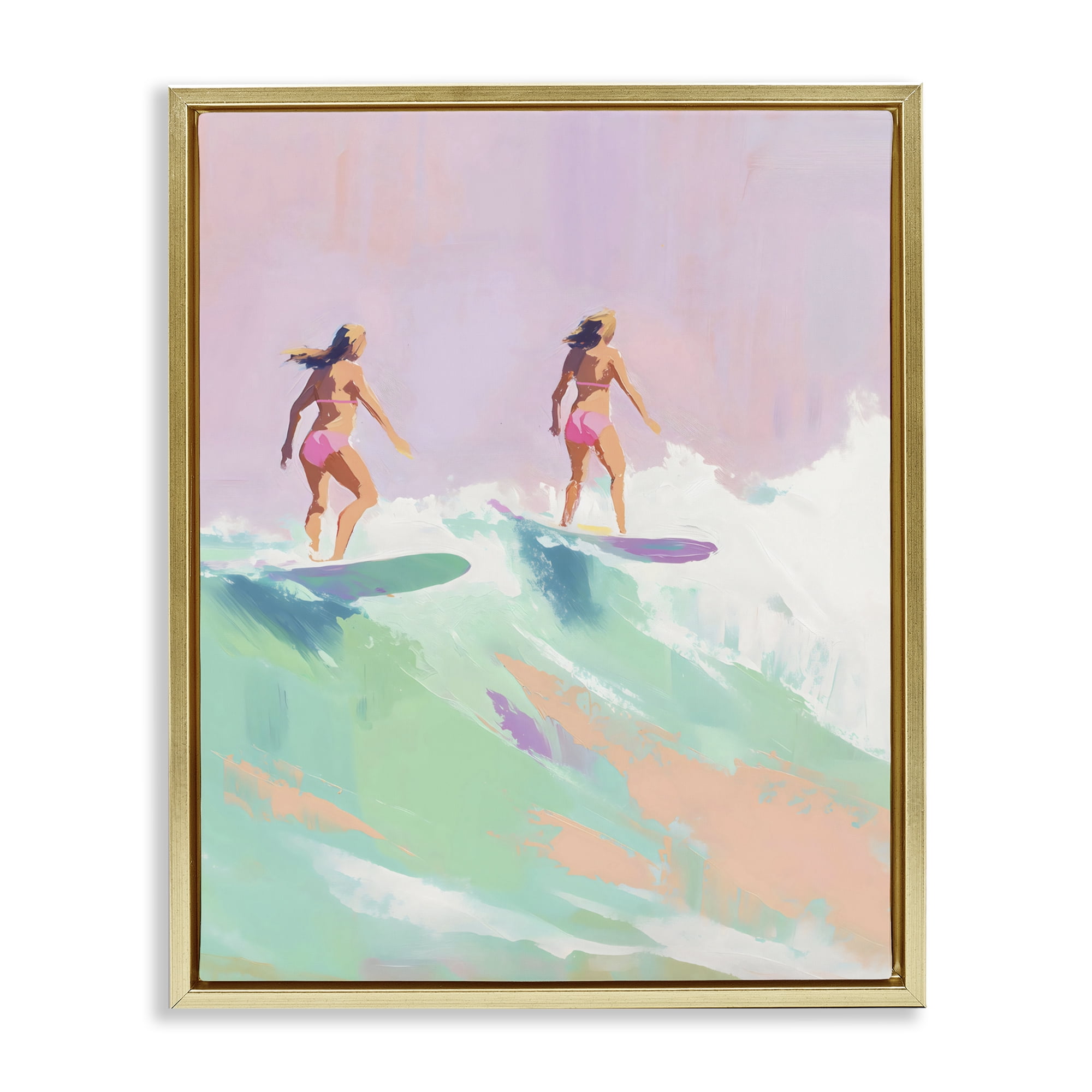 Stupell Industries Two Surfing Girls on Wave Gold Framed Floater Canvas Wall Art, design by The Prints Vibe