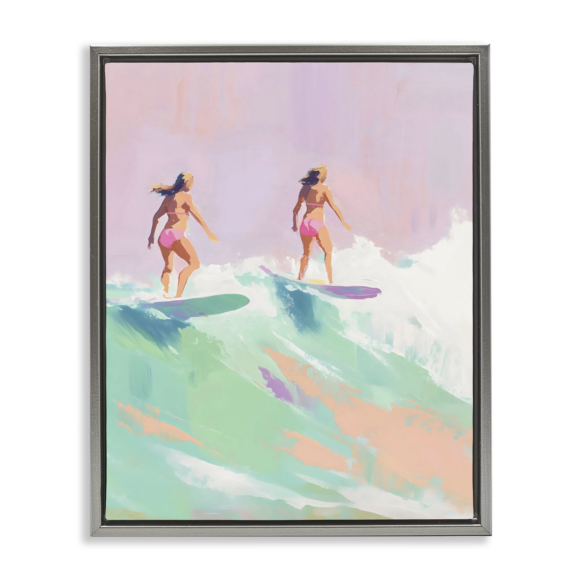Stupell Industries Two Surfing Girls on Wave Gray Framed Floater Canvas Wall Art, design by The Prints Vibe