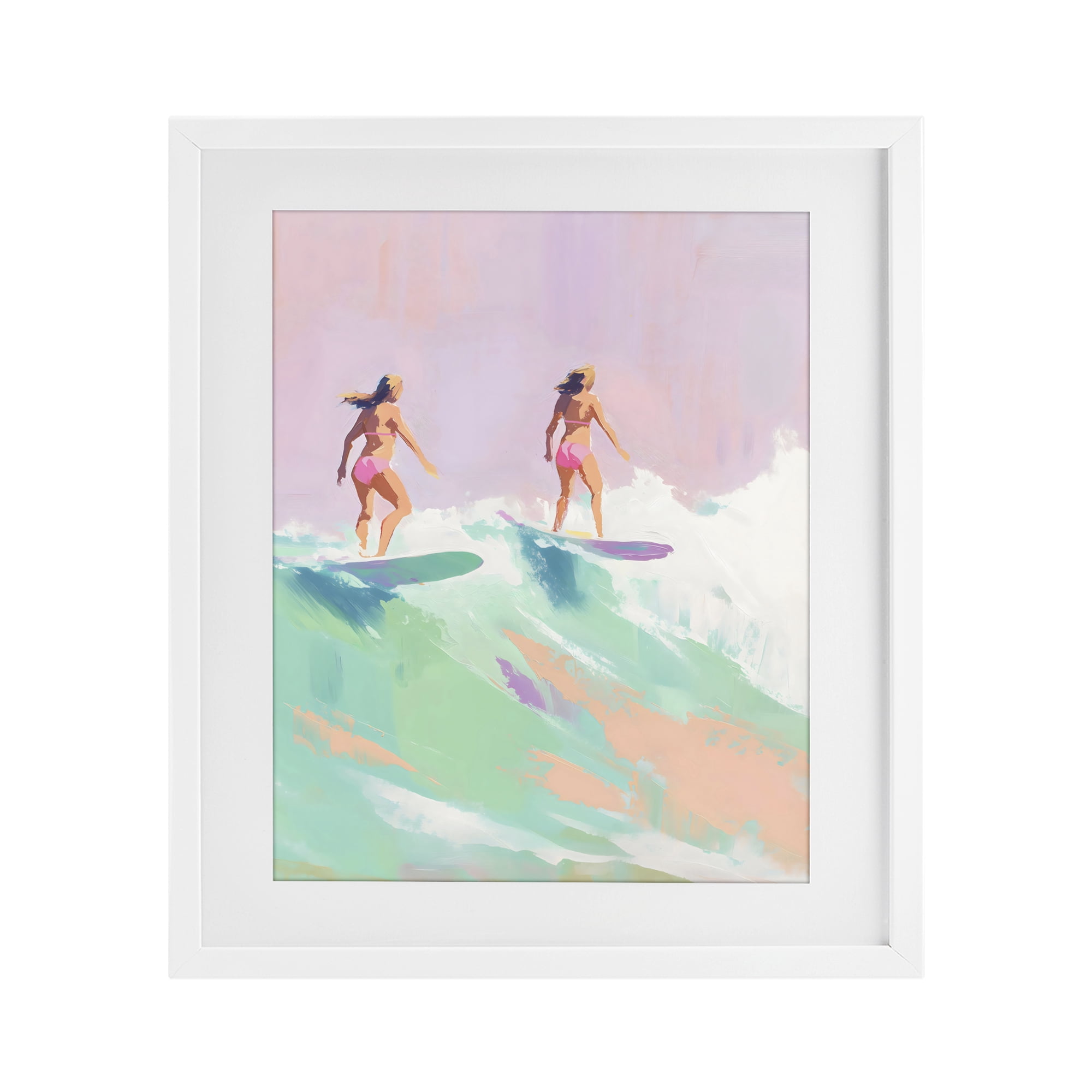 Stupell Industries Two Surfing Girls on Wave White Framed Print Under Glass, design by The Prints Vibe