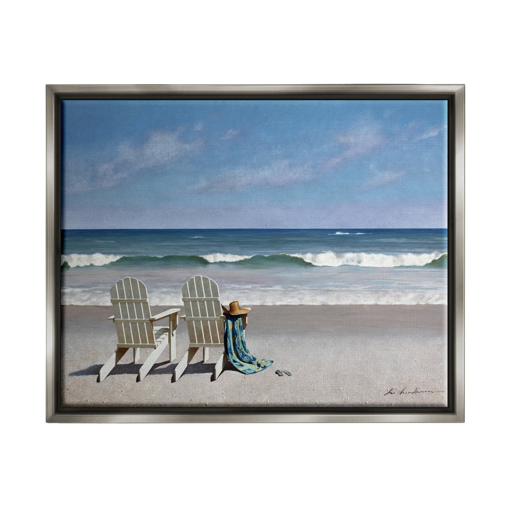 Stupell Industries Two White Adirondack Chairs on the Beach Luster Gray Framed Floating Canvas Wall Art, 24x30, by Zhen-Huan Lu